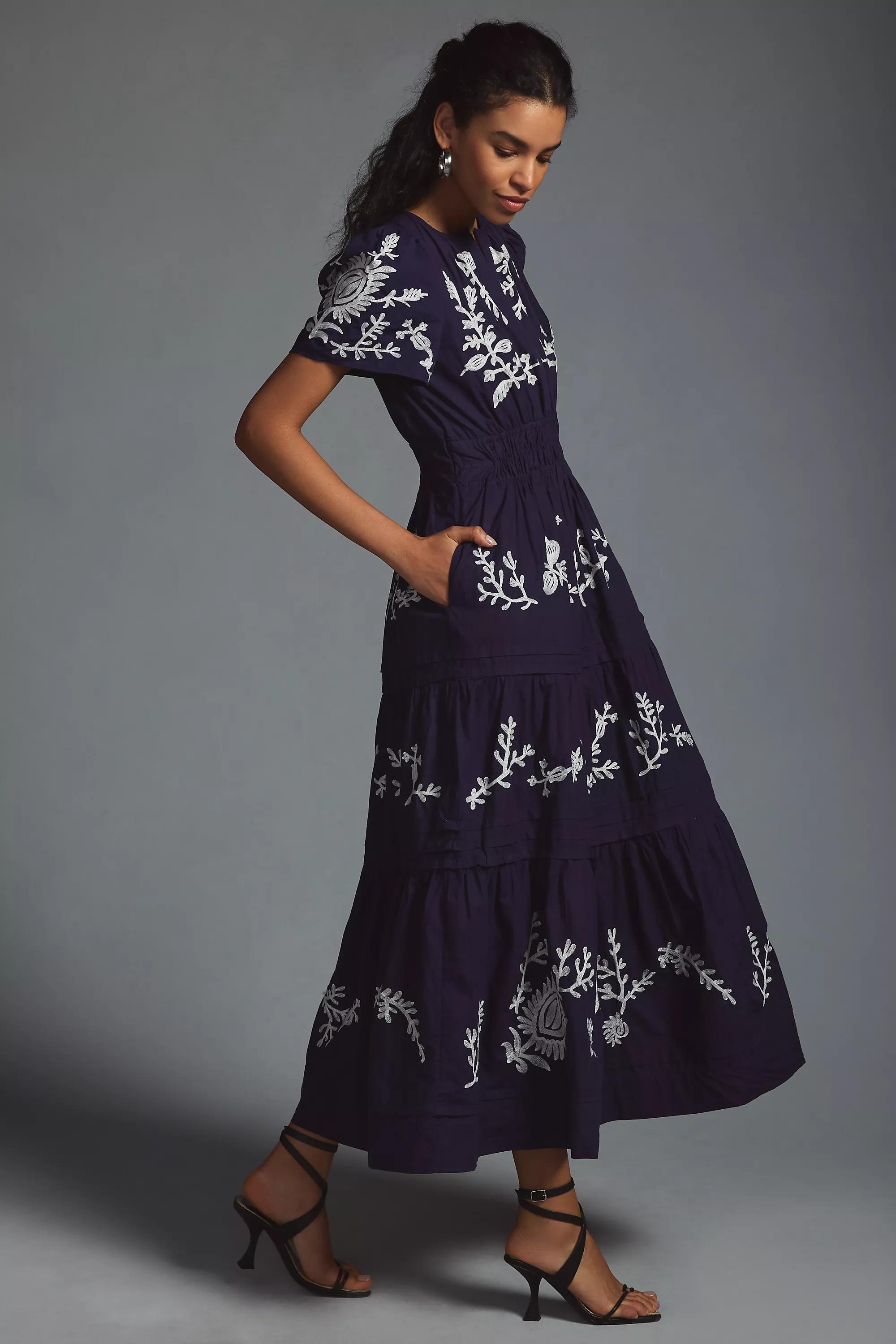 Anthropologie - The Somerset Maxi Dress: Embroidered Edition, Navy