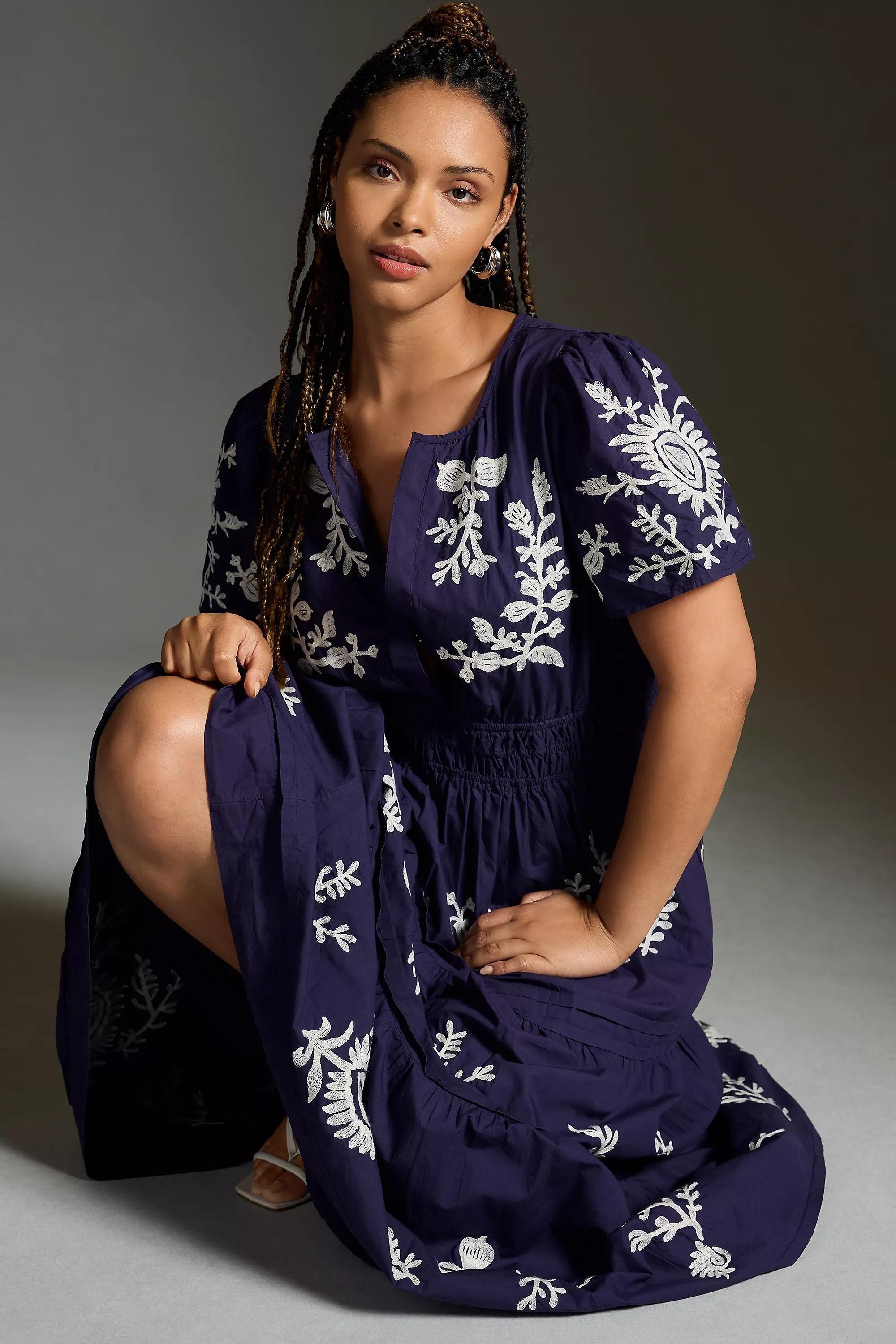 Anthropologie - The Somerset Maxi Dress: Embroidered Edition, Navy