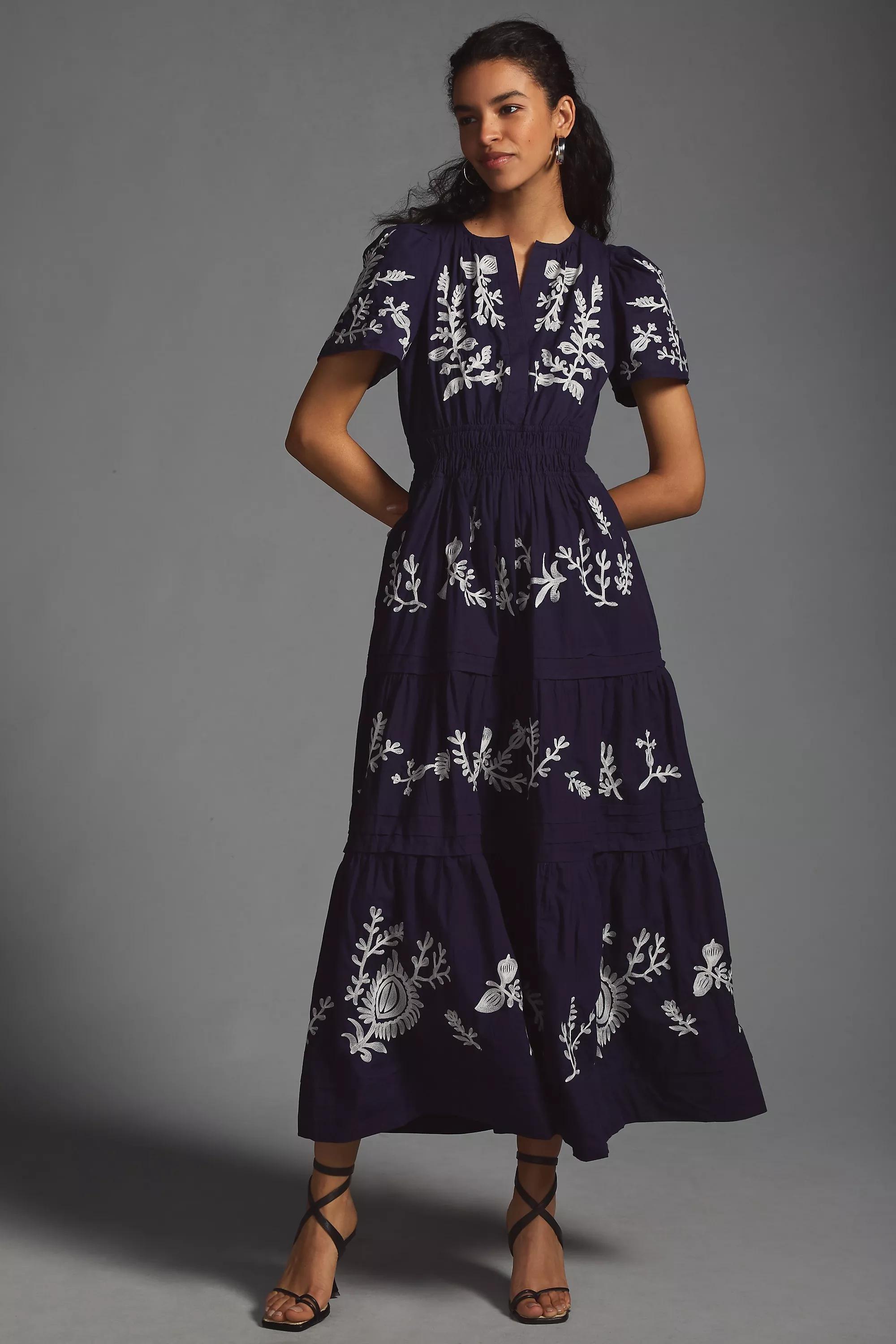 Anthropologie - The Somerset Maxi Dress: Embroidered Edition, Navy