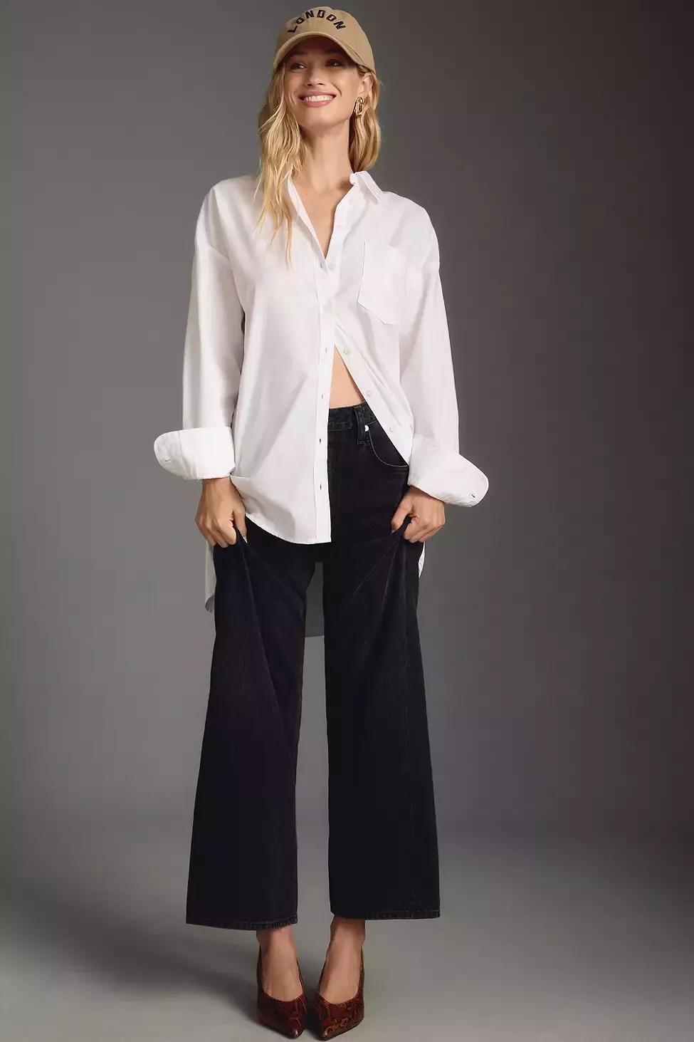 Anthropologie Plain Button Down Shirt, White, , large image number 1