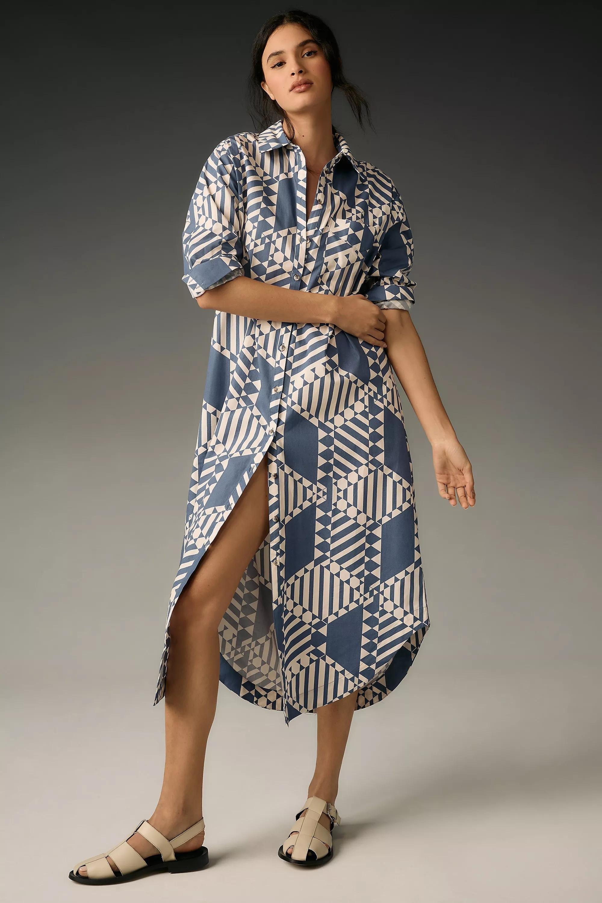 By Anthropologie Long-Sleeve Shirt Dress, Blue, , large image number 0