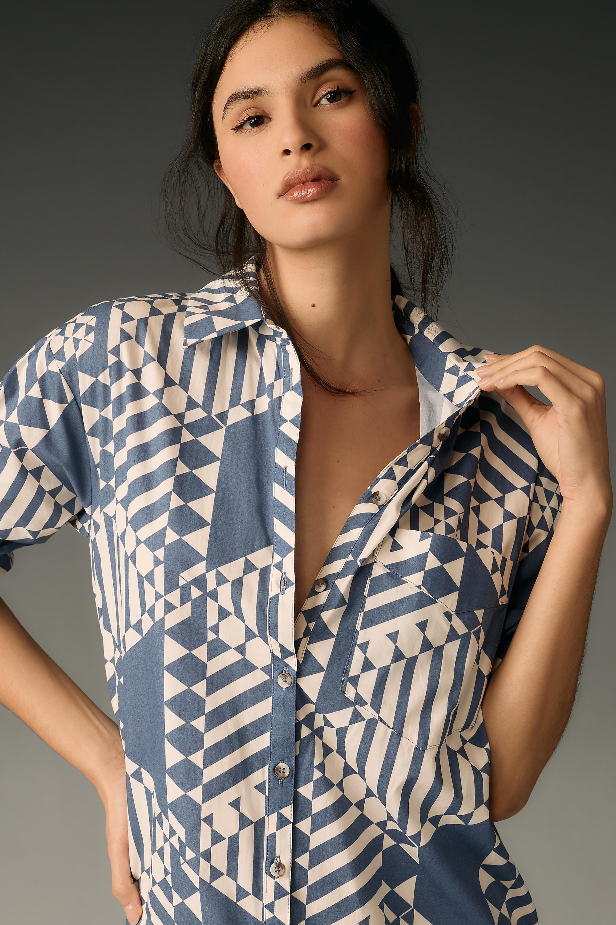 By Anthropologie Long-Sleeve Shirt Dress, Blue, , large image number 3