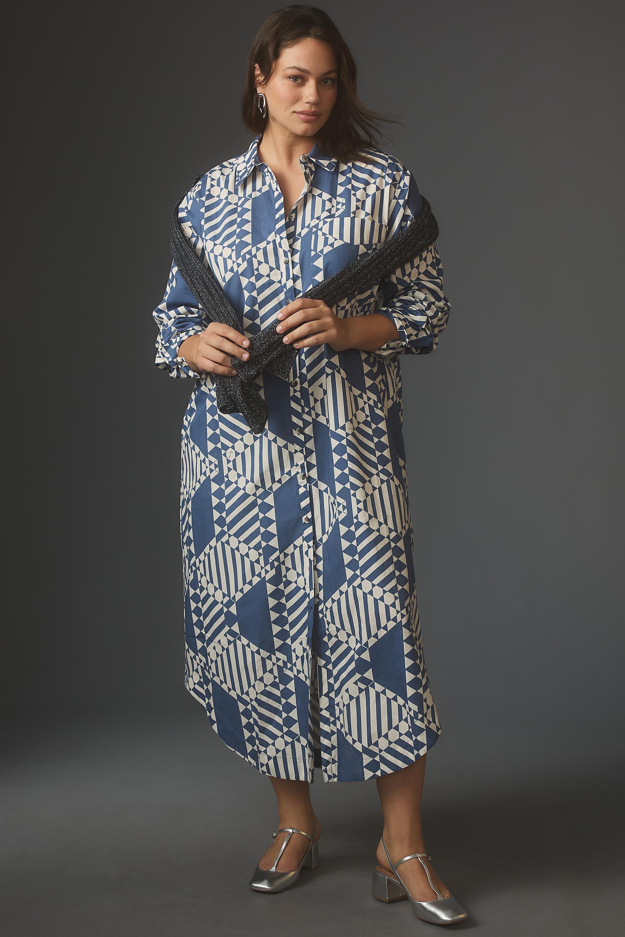 By Anthropologie Long-Sleeve Shirt Dress, Blue, , large image number 4