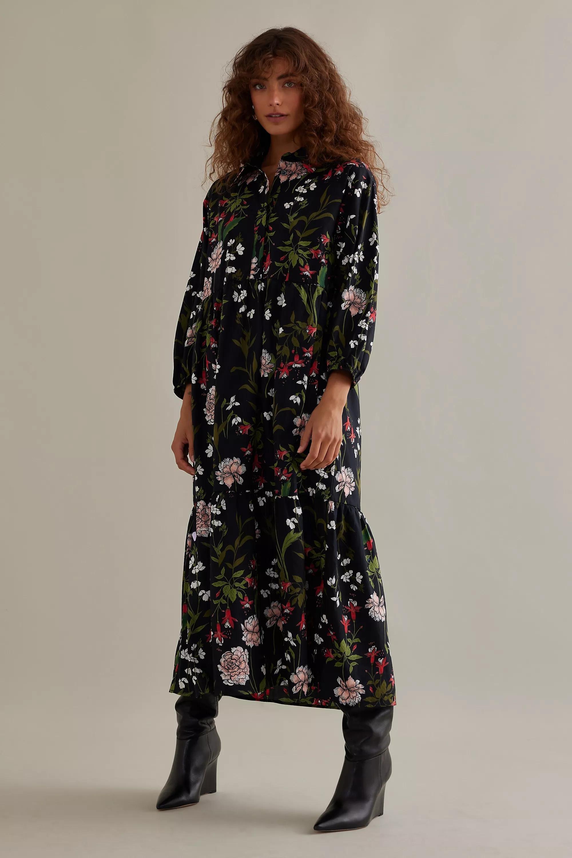 Maeve The Bettina Tiered Midi Shirt Dress, Black, , large image number 0