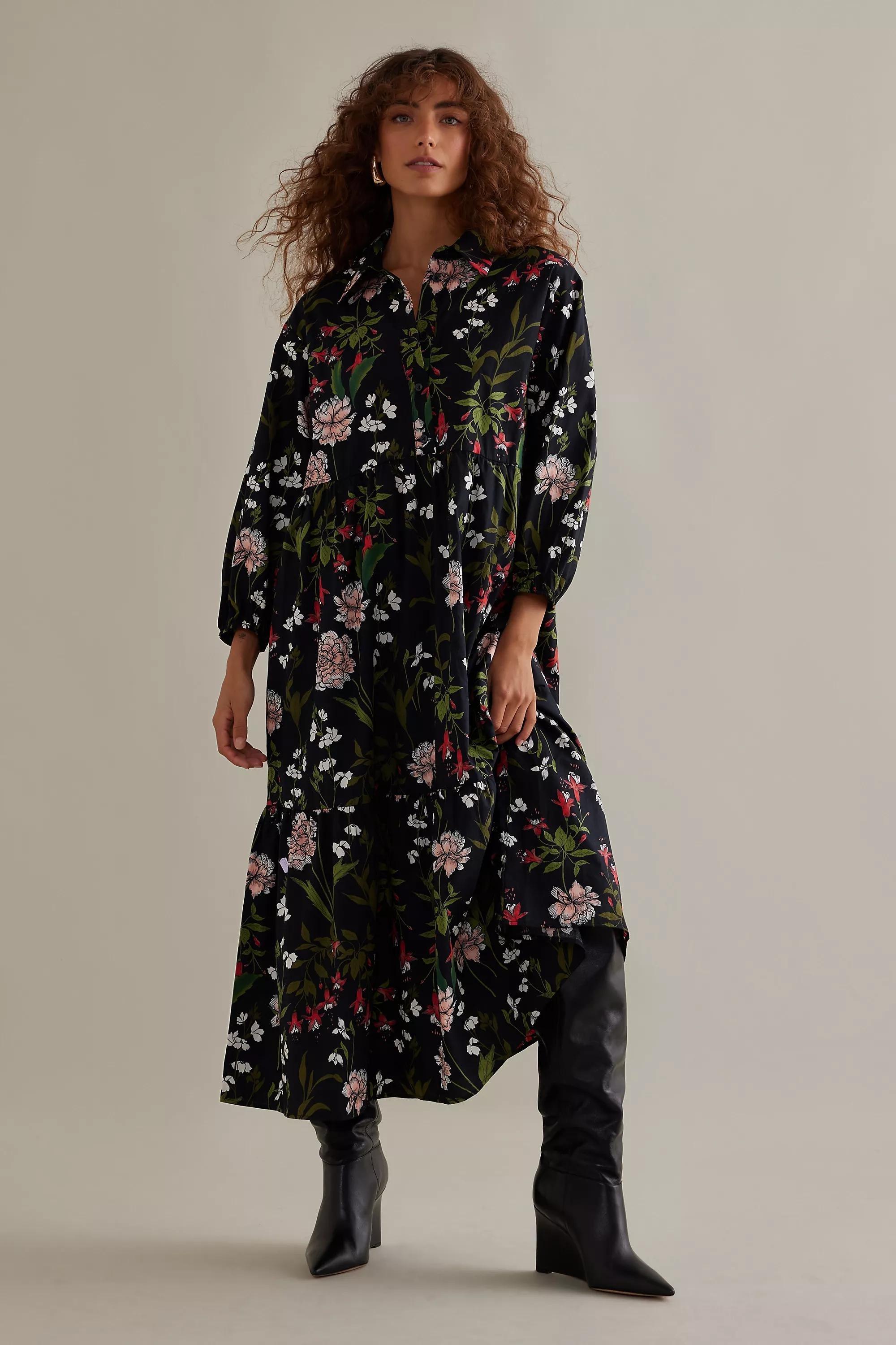 Maeve The Bettina Tiered Midi Shirt Dress, Black, , large image number 1