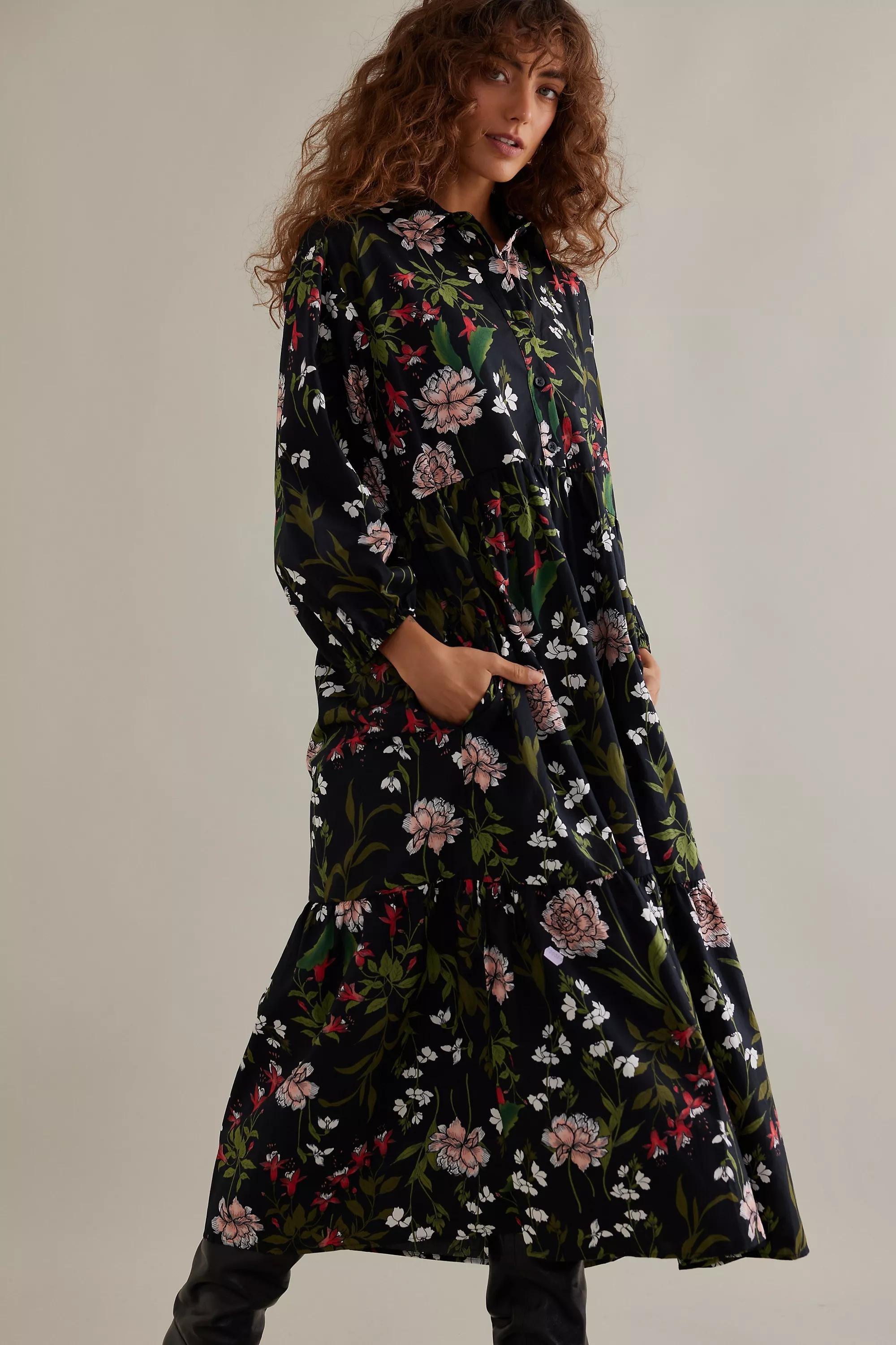 Maeve The Bettina Tiered Midi Shirt Dress, Black, , large image number 2
