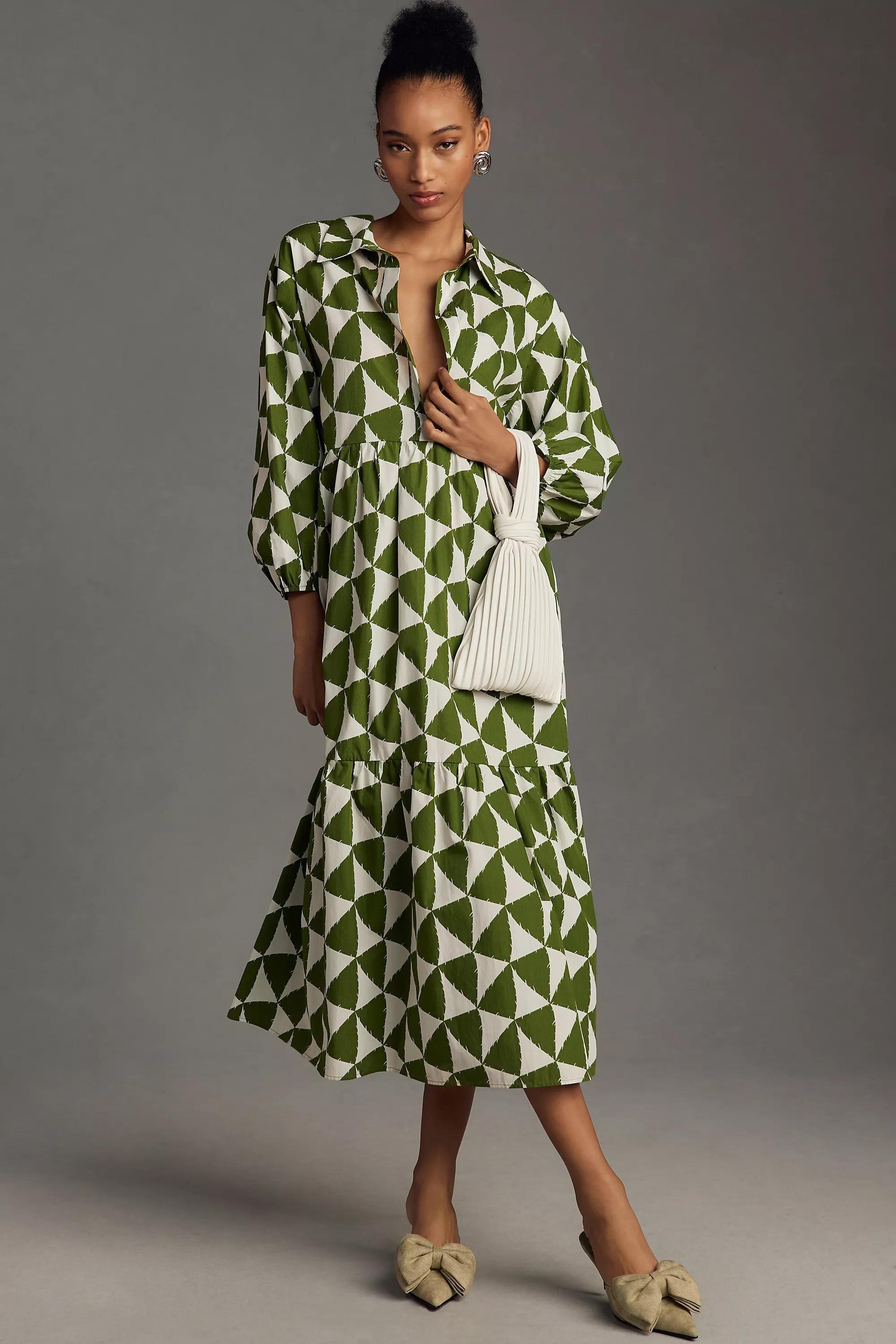 Maeve Tiered Shirt Dress, Green, , large image number 1