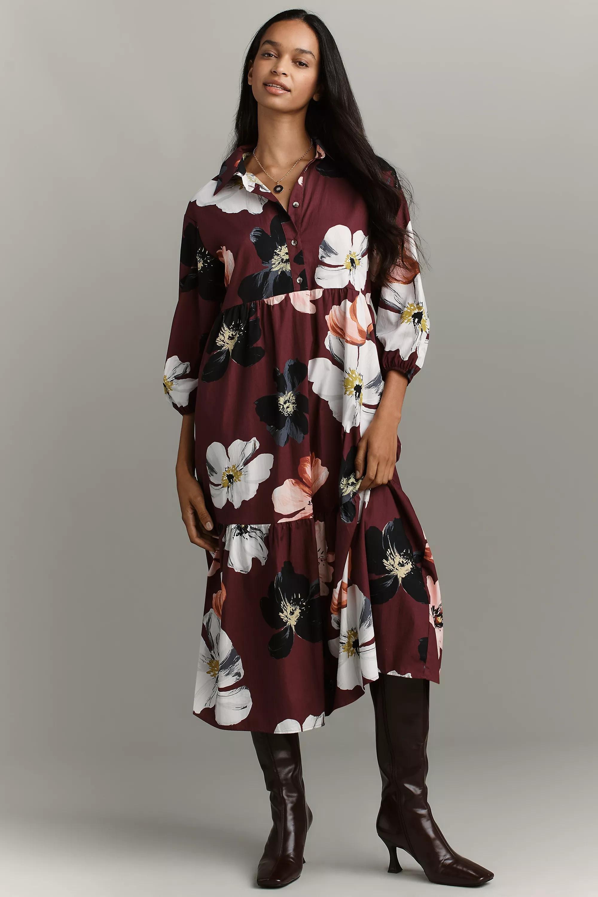 By Maeve The Bettina Tiered Midi Shirt Dress, Burgundy, A501_0627, large image number 0