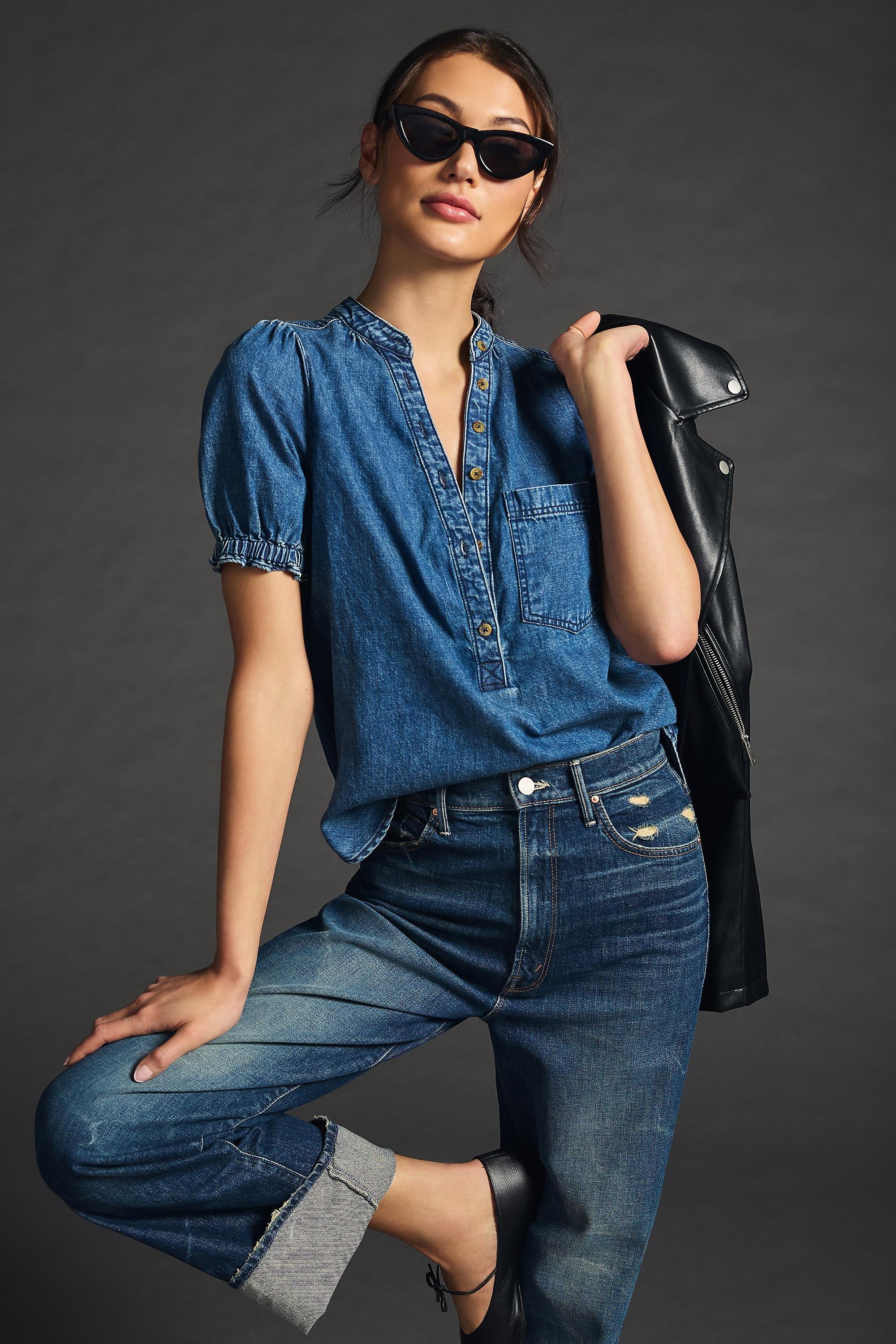 Pilcro Denim Short-Sleeve Shirt, Blue, , large image number 0