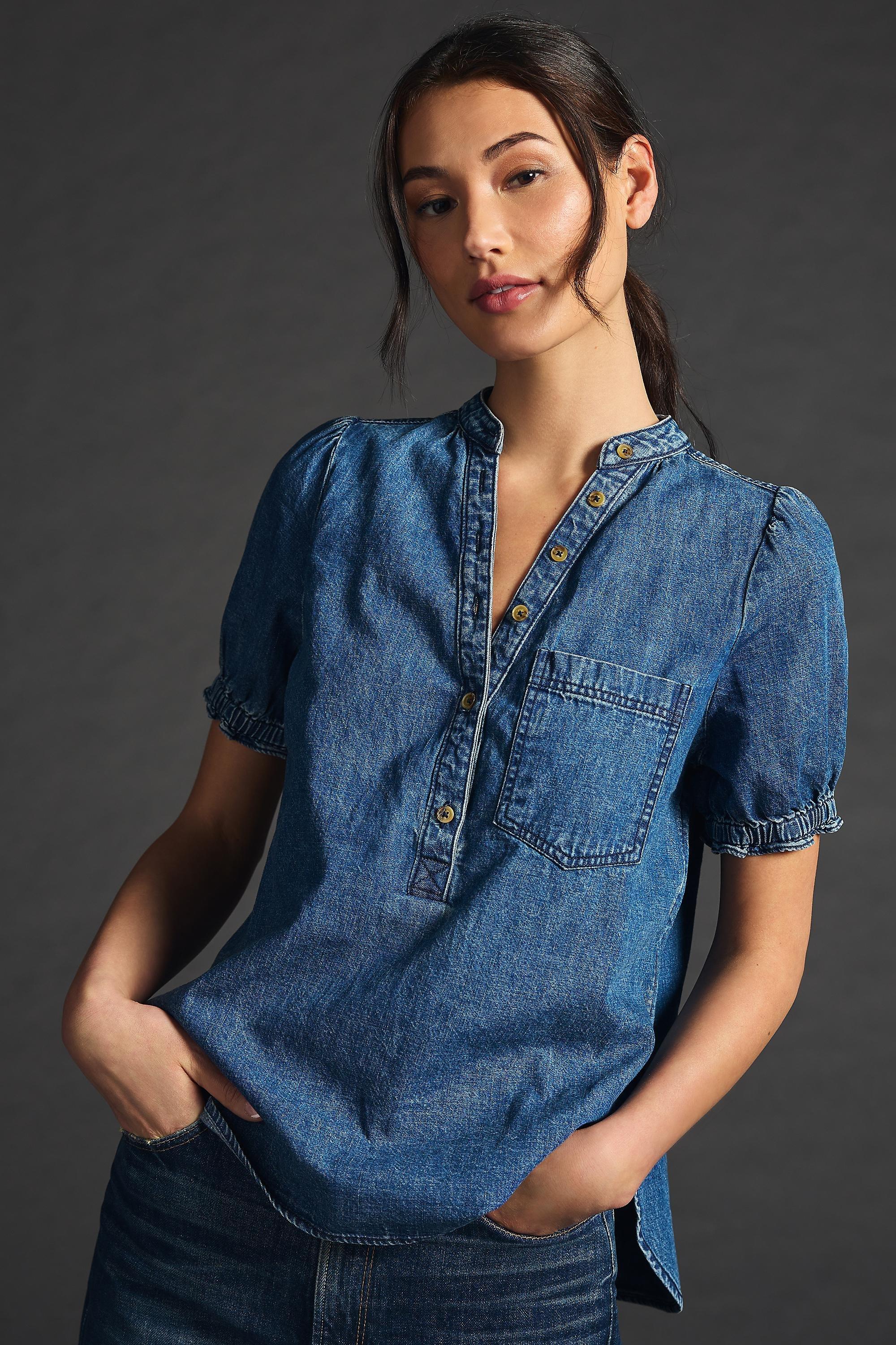 Pilcro Denim Short-Sleeve Shirt, Blue, , large image number 4