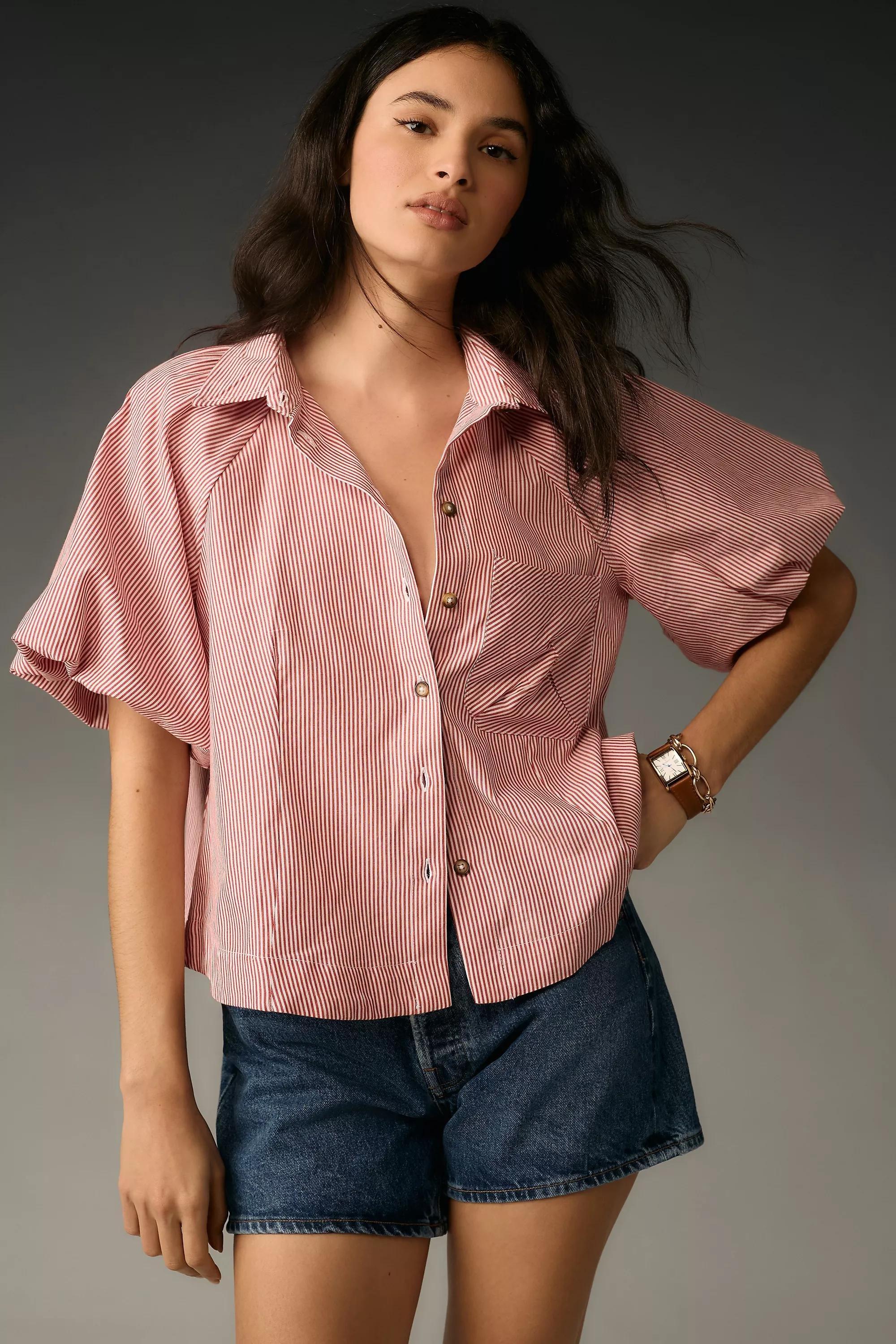 Maeve Zooey Pinstripe Bubble-Sleeve Blouse, Red, , large image number 0