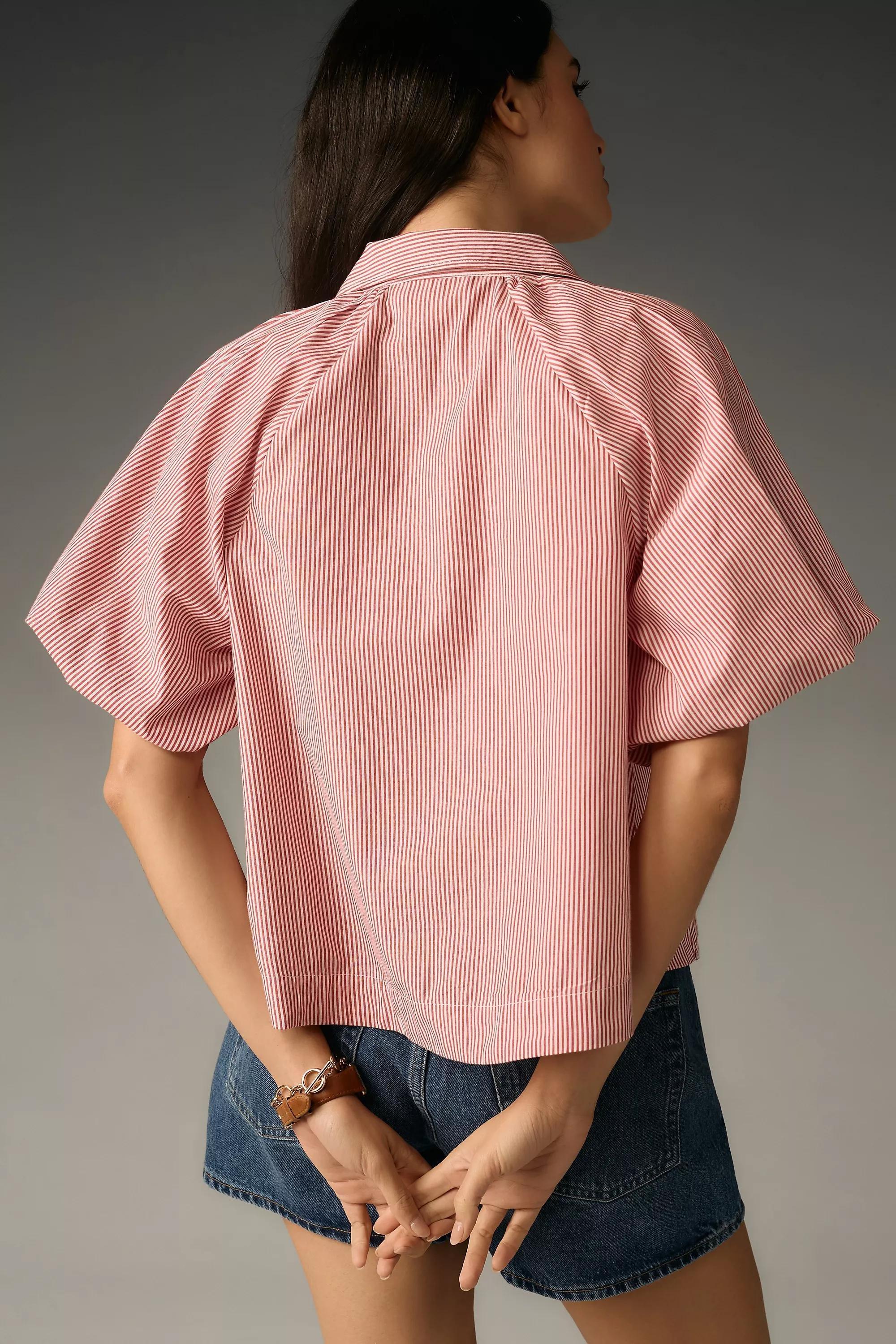 Maeve Zooey Pinstripe Bubble-Sleeve Blouse, Red, , large image number 3