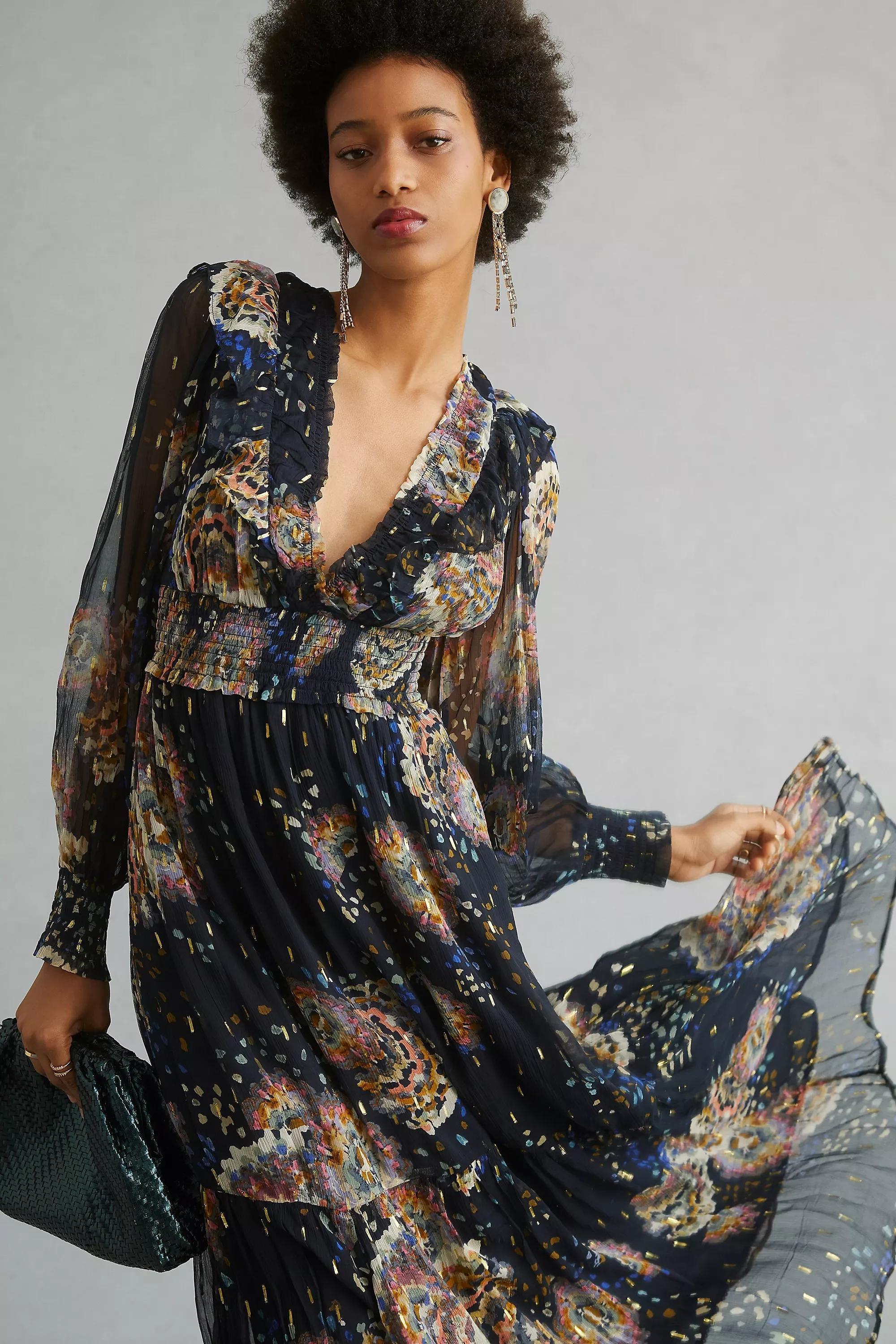 Ruffle V-Neck Long-Sleeve Midi Dress, Black, , large image number 0