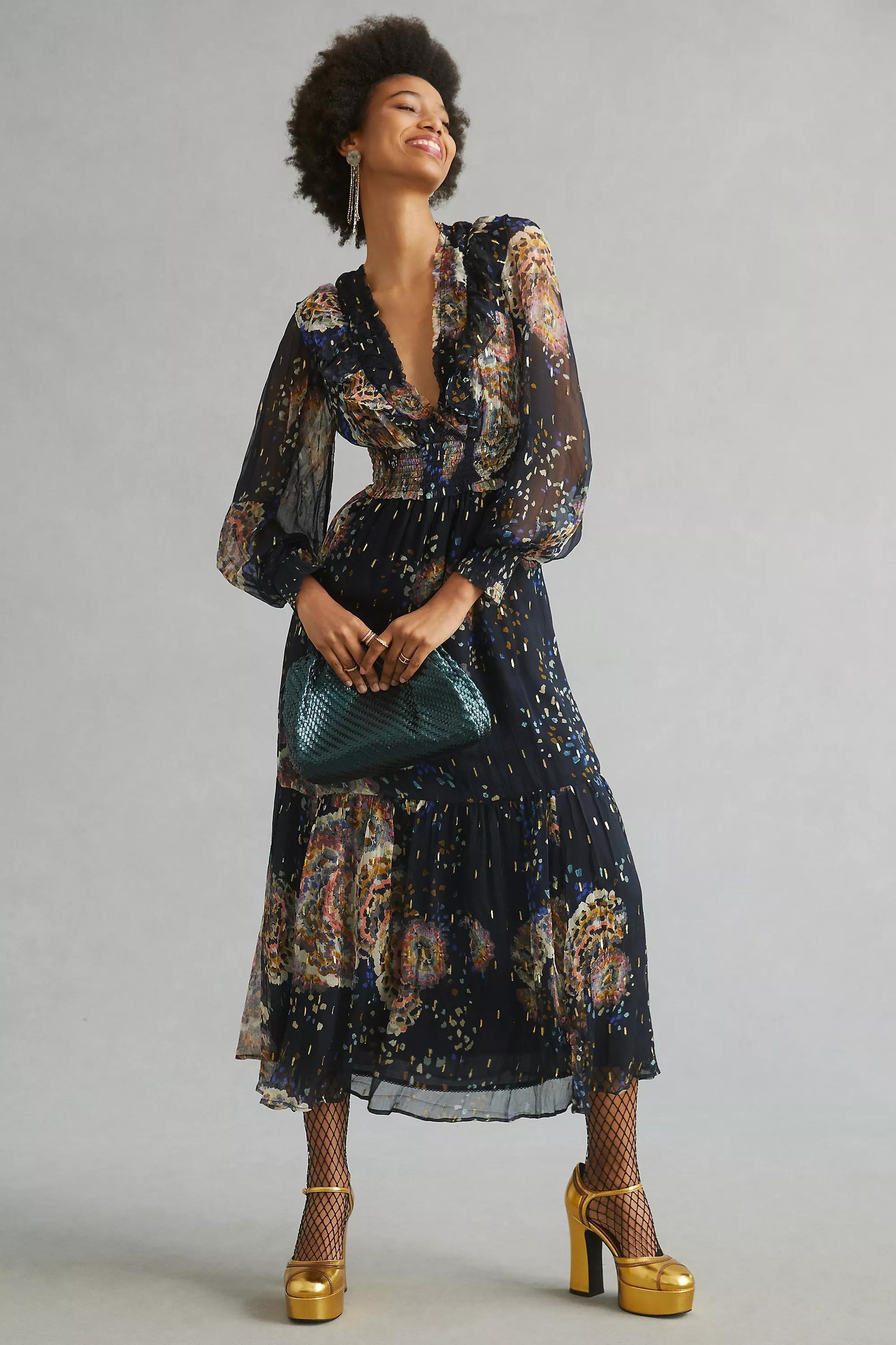 Ruffle V-Neck Long-Sleeve Midi Dress, Black, , large image number 1