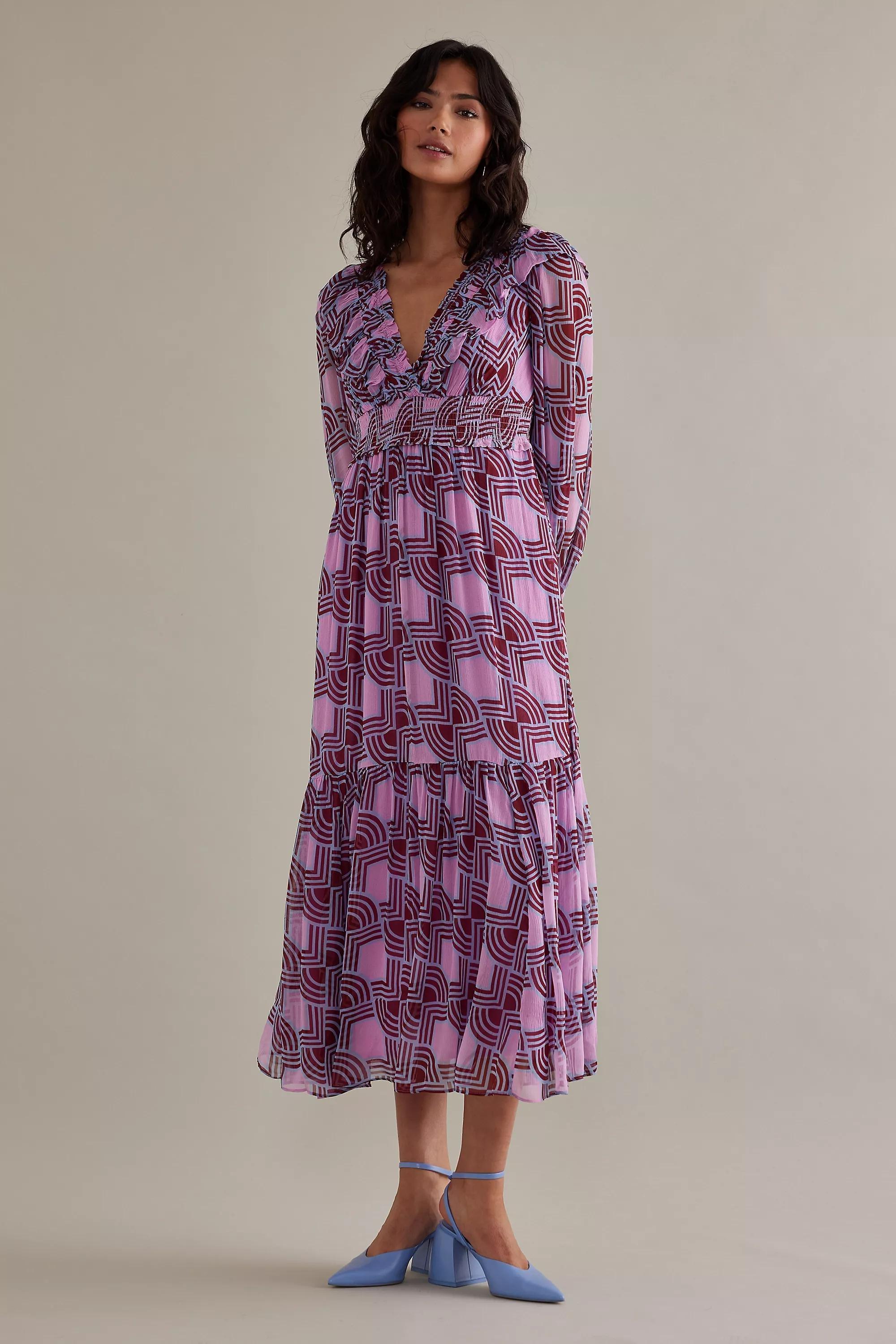 Ruffle V-Neck Long-Sleeve Midi Dress, Pink, , large image number 0