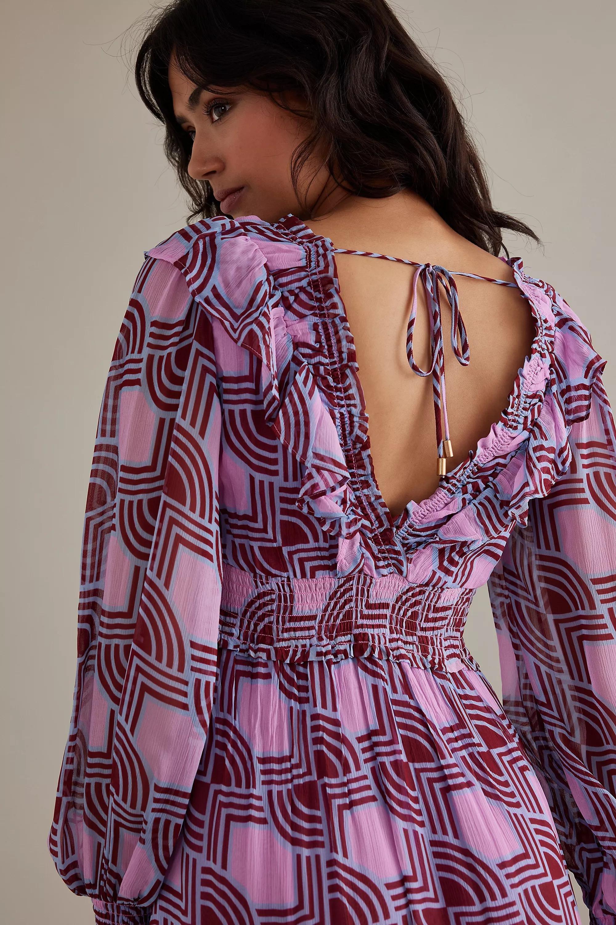Ruffle V-Neck Long-Sleeve Midi Dress, Pink, , large image number 1