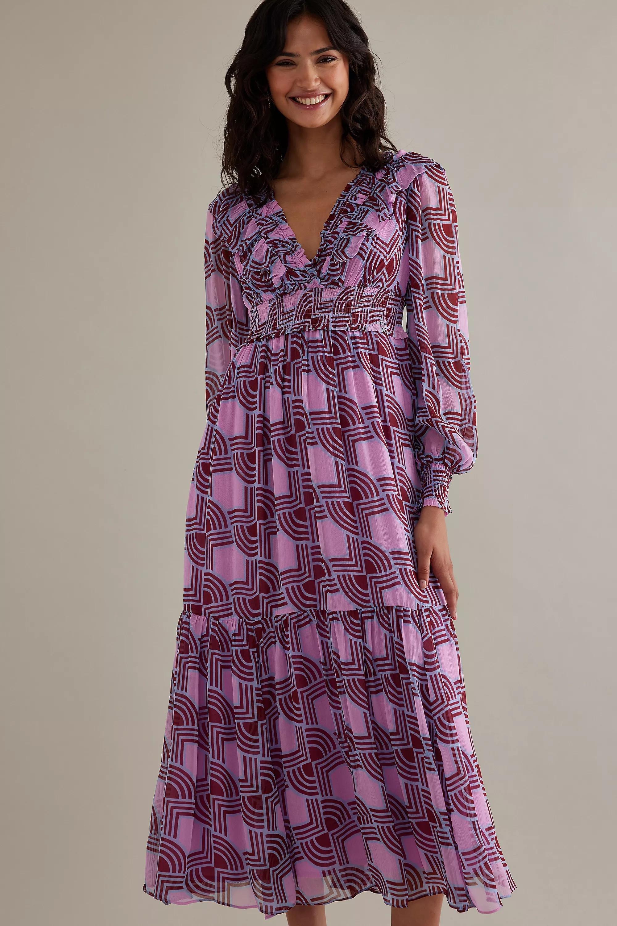 Ruffle V-Neck Long-Sleeve Midi Dress, Pink, , large image number 2