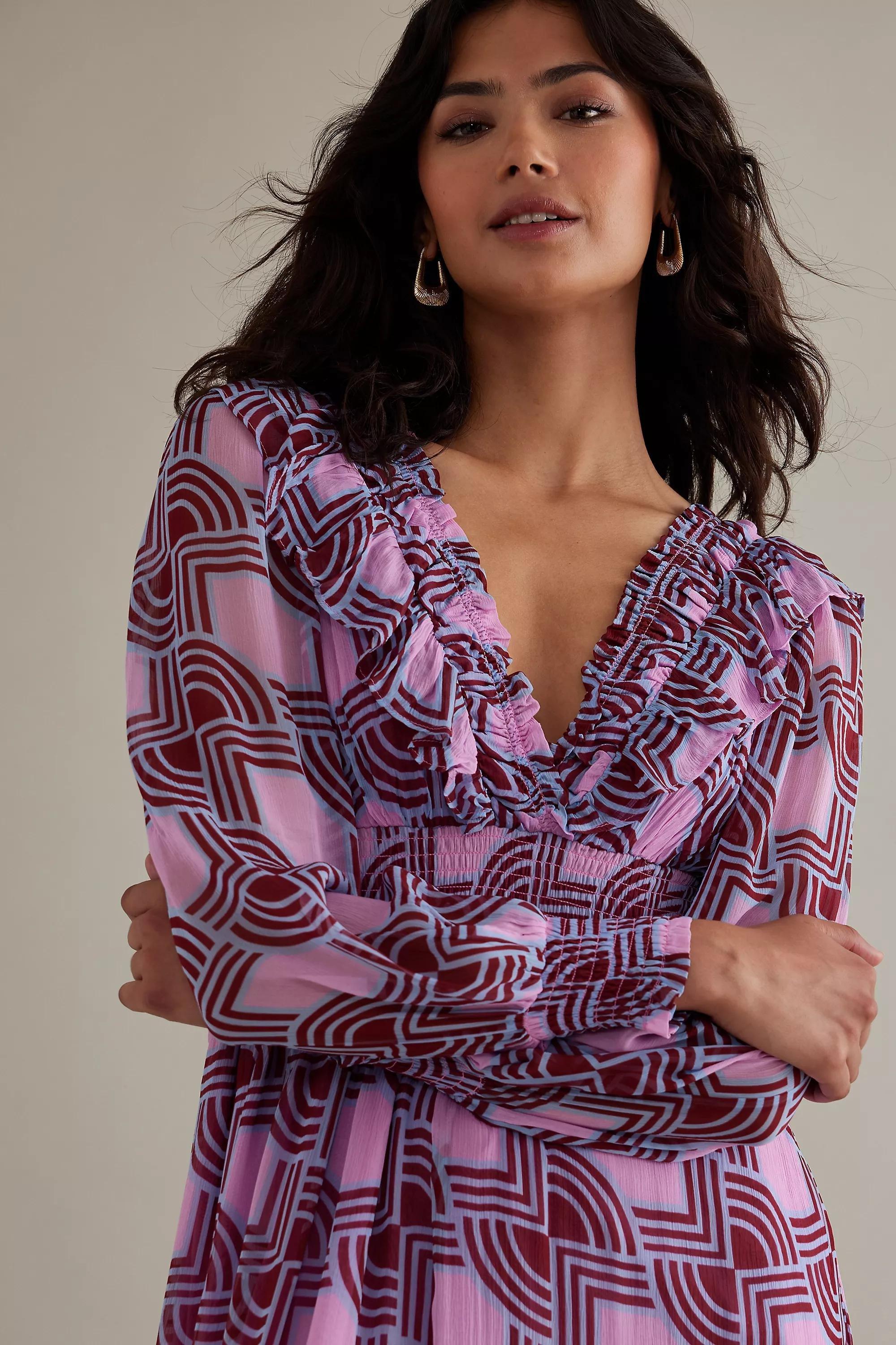 Ruffle V-Neck Long-Sleeve Midi Dress, Pink, , large image number 3