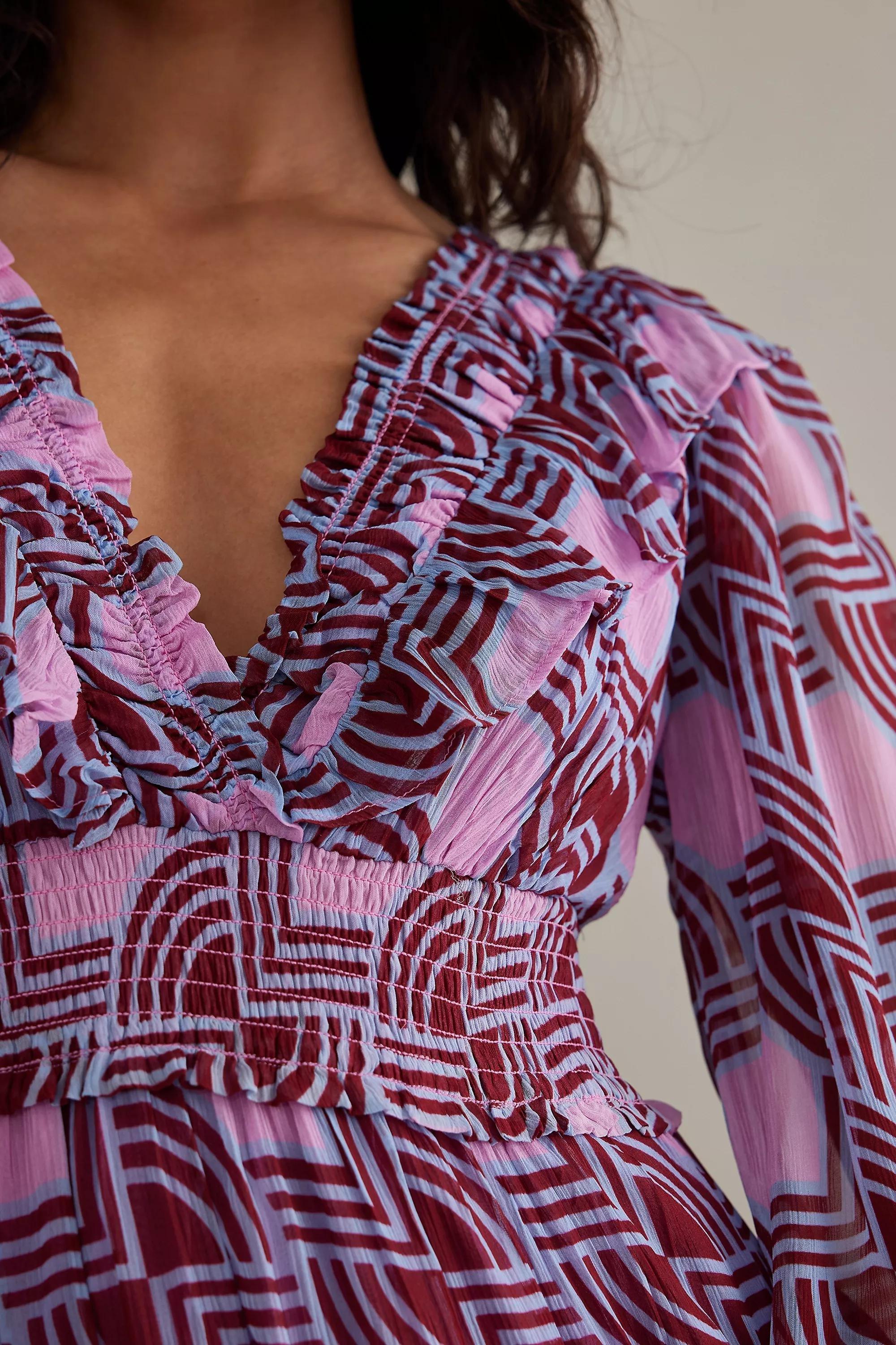Ruffle V-Neck Long-Sleeve Midi Dress, Pink, , large image number 4