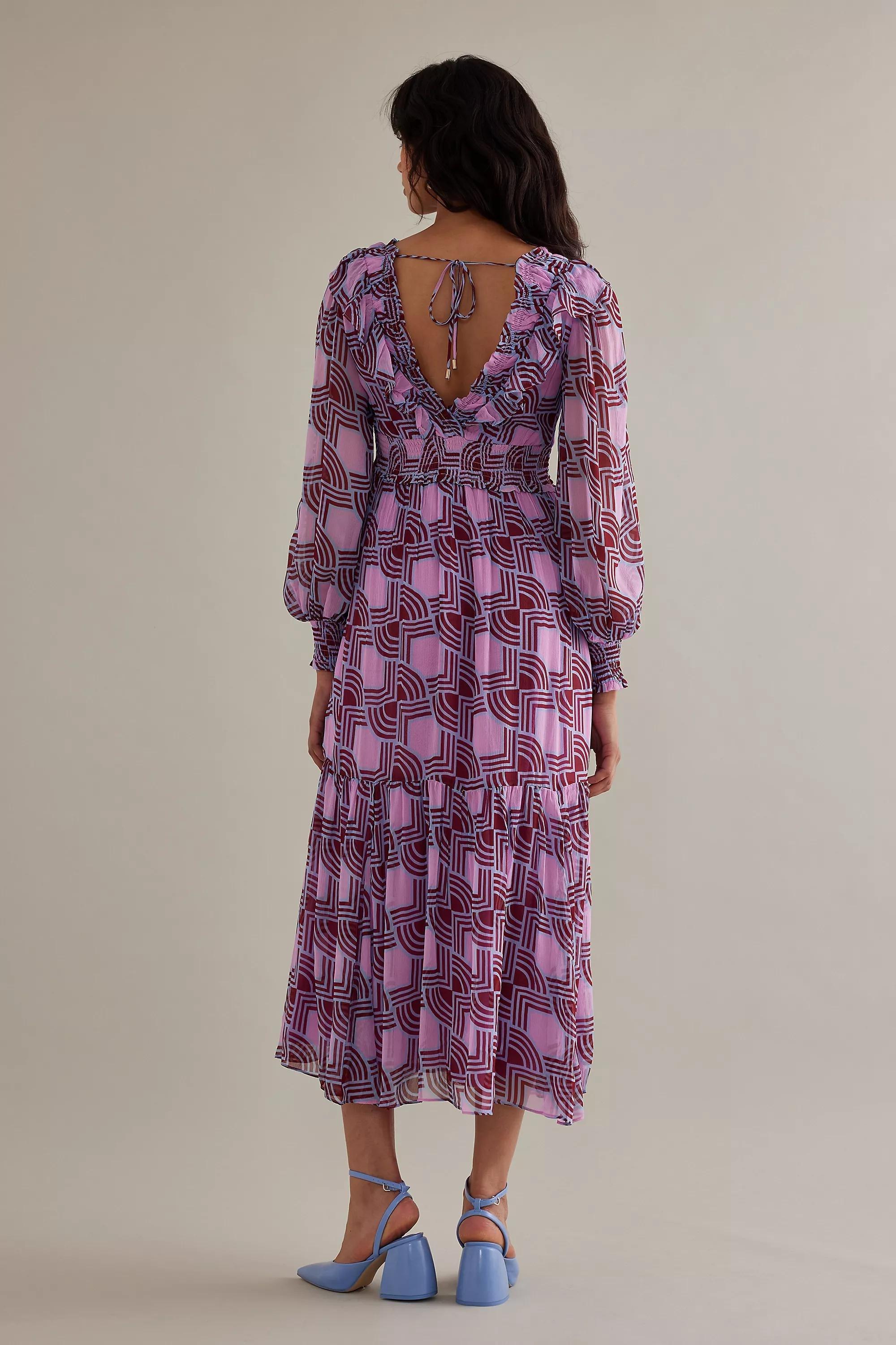 Ruffle V-Neck Long-Sleeve Midi Dress, Pink, , large image number 5