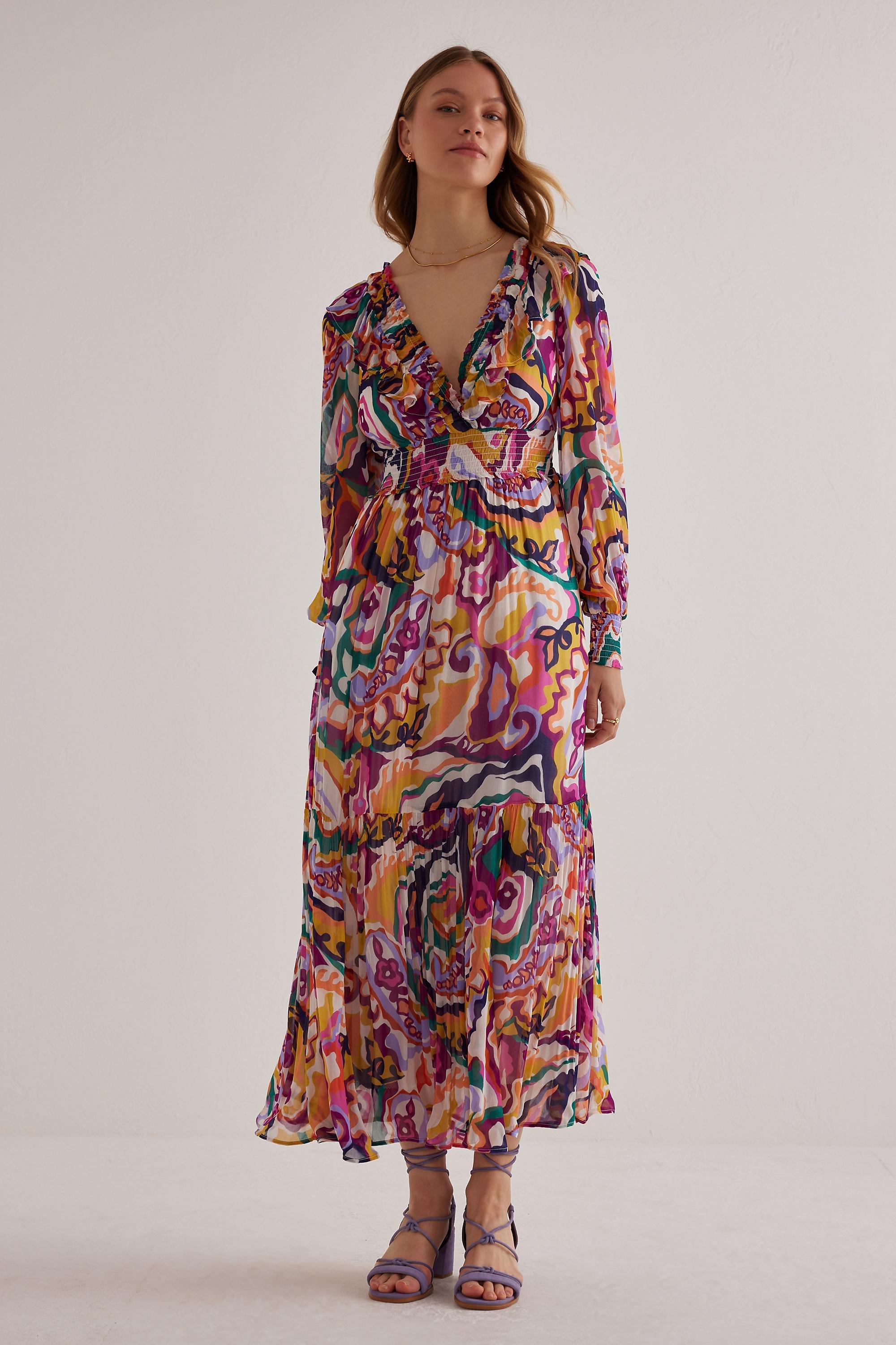 Combo Ruffled V-Neck Dress, Pink, , large image number 1