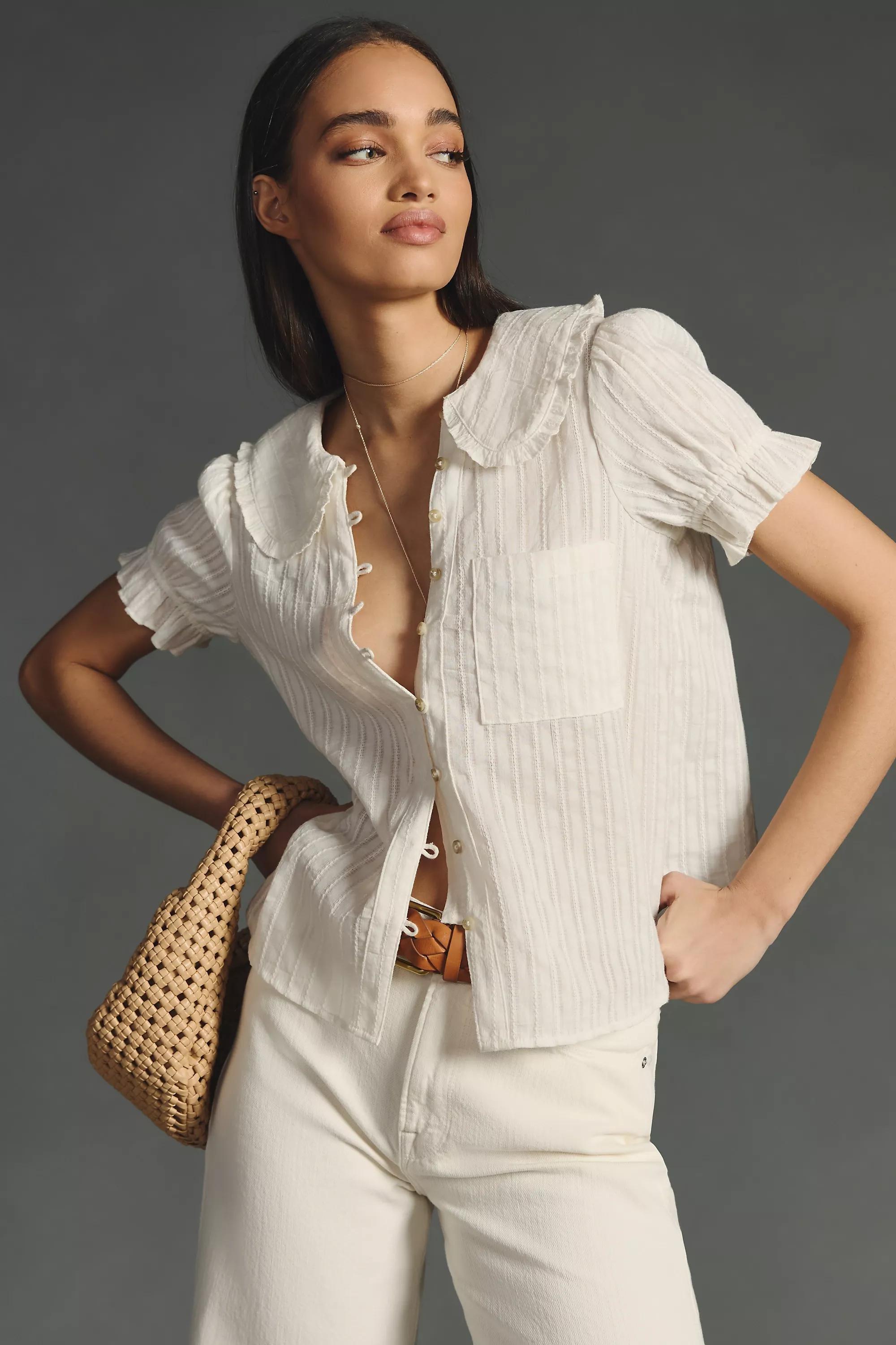 Anthropologie Frills Ruffle Button Down, Cream, , large image number 0