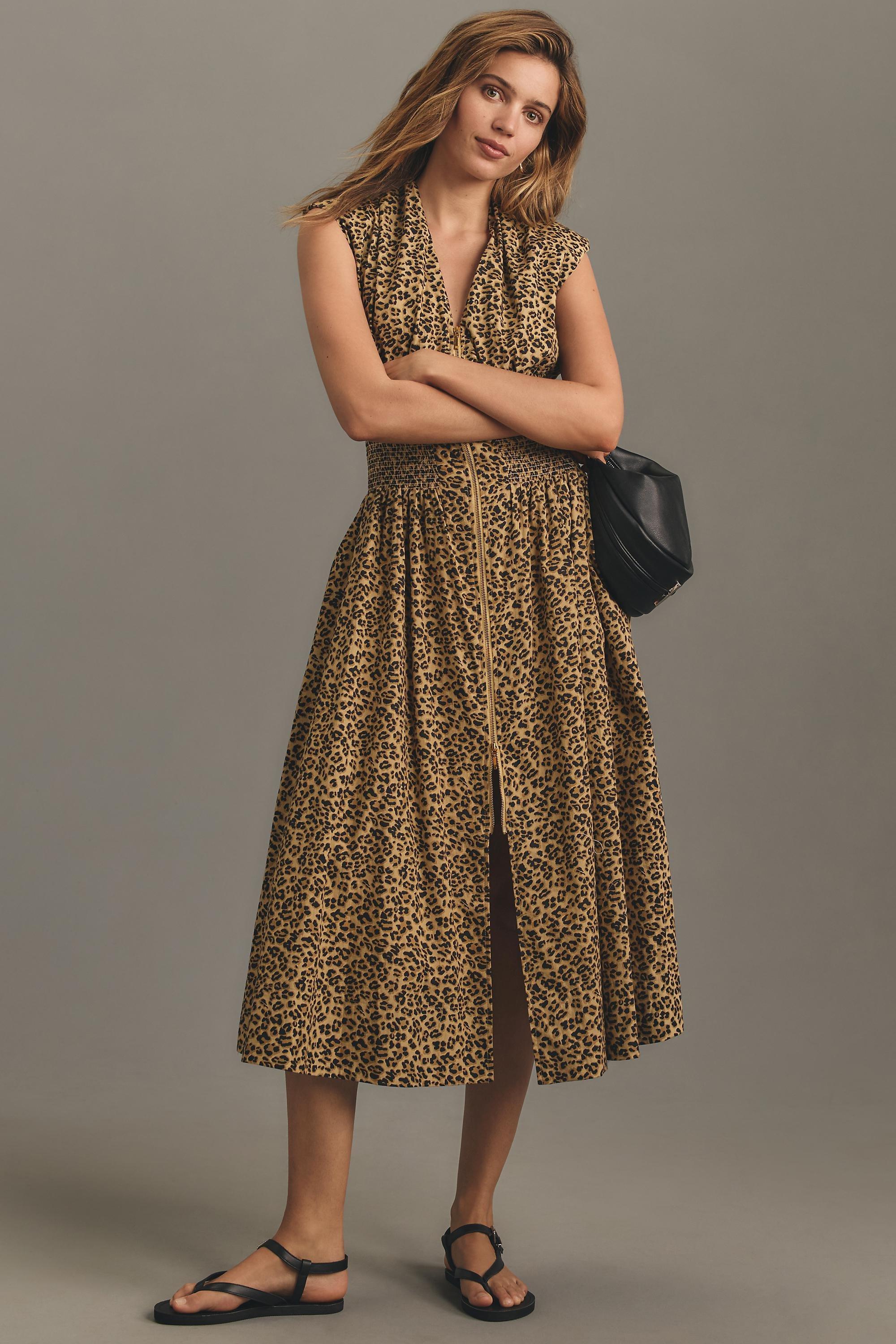 The Tommie Cap-Sleeve Smocked Front-Zip Midi Shirt Dress, Brown, , large image number 0