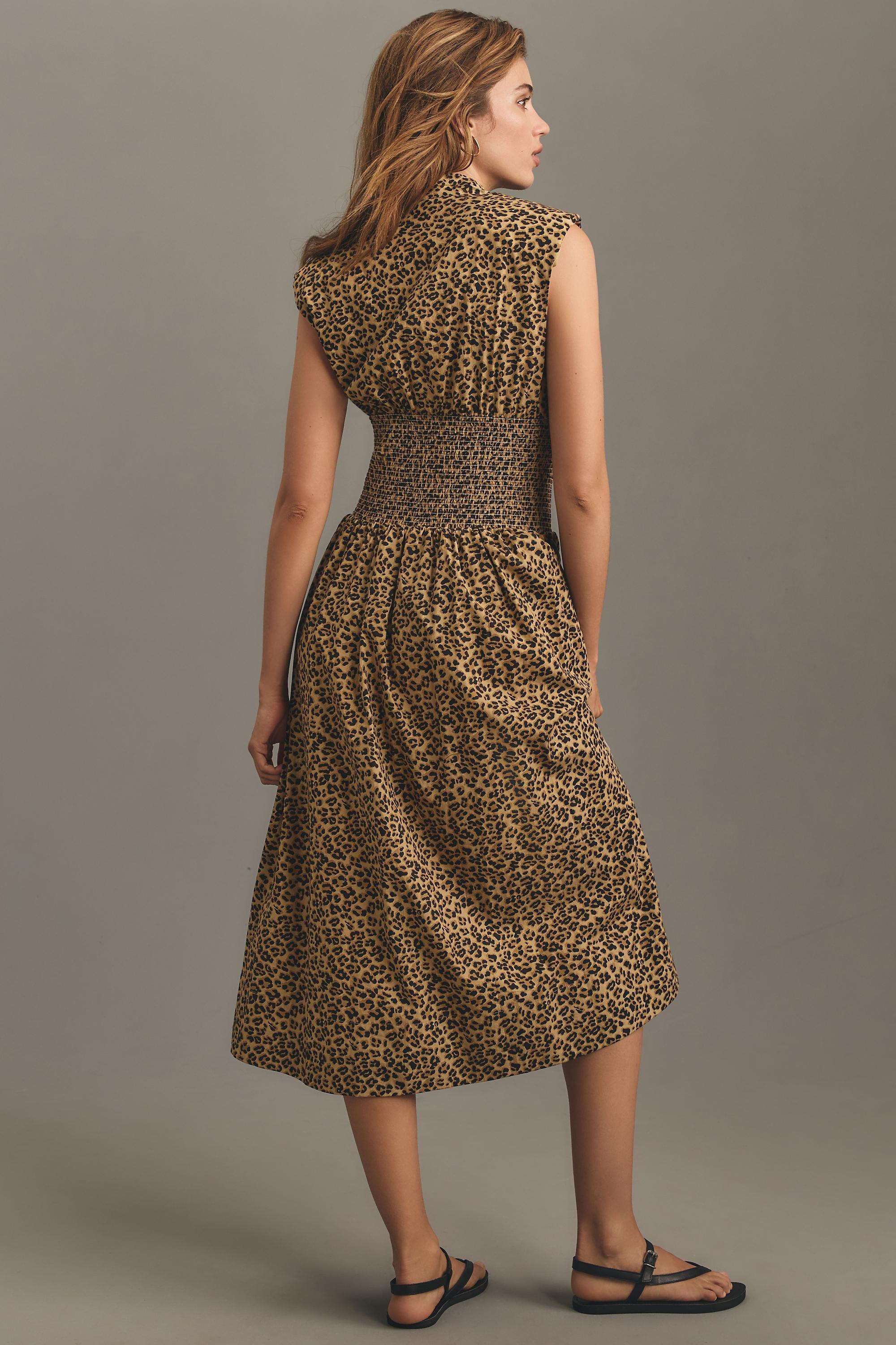 The Tommie Cap-Sleeve Smocked Front-Zip Midi Shirt Dress, Brown, , large image number 2