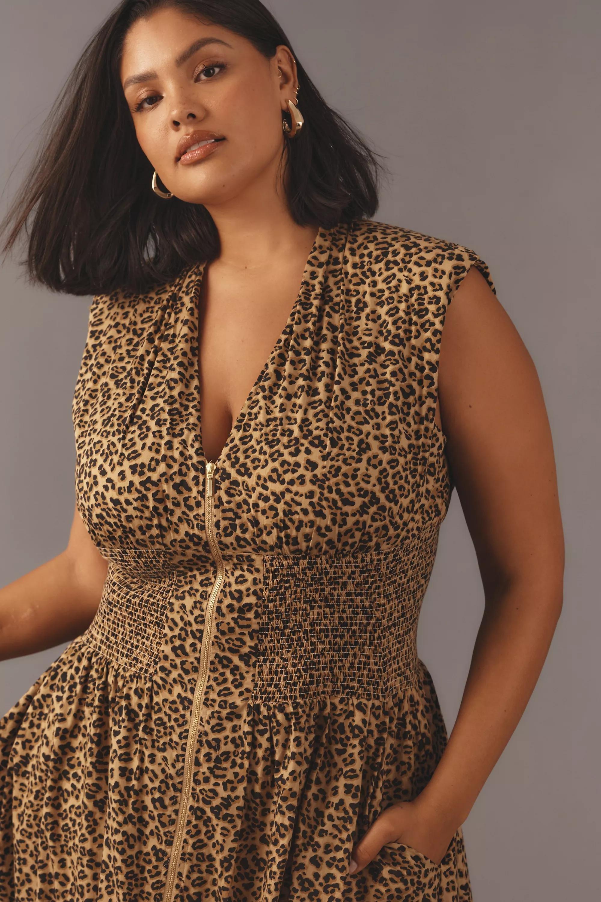 The Tommie Cap-Sleeve Smocked Front-Zip Midi Shirt Dress, Brown, , large image number 5