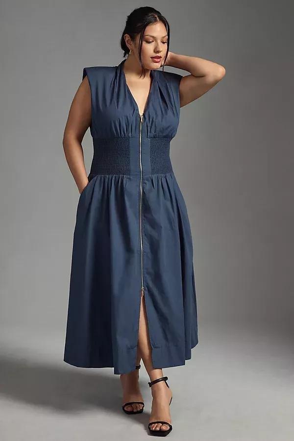 Maeve Smocked-Waist Zip-Up Shirt Dress, Navy, , large image number 0