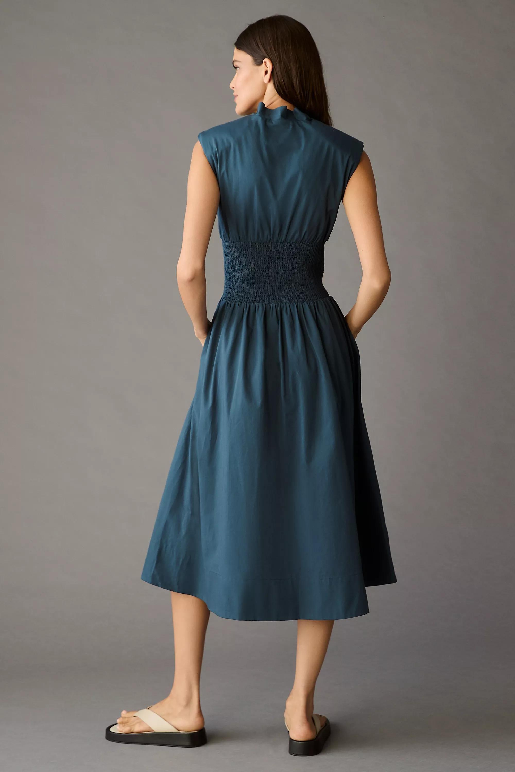 Maeve Smocked-Waist Zip-Up Shirt Dress, Navy, , large image number 2