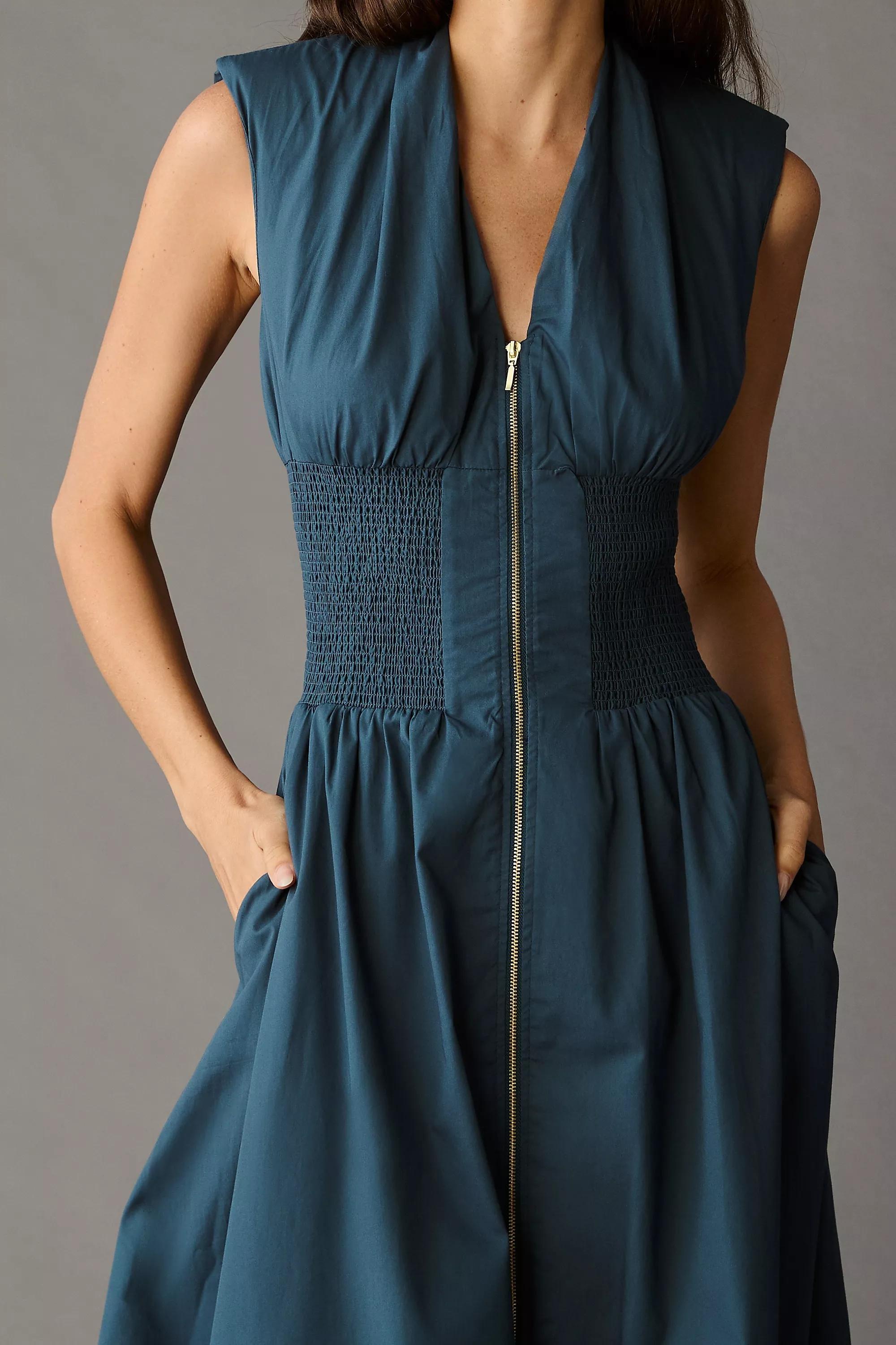 Maeve Smocked-Waist Zip-Up Shirt Dress, Navy, , large image number 5