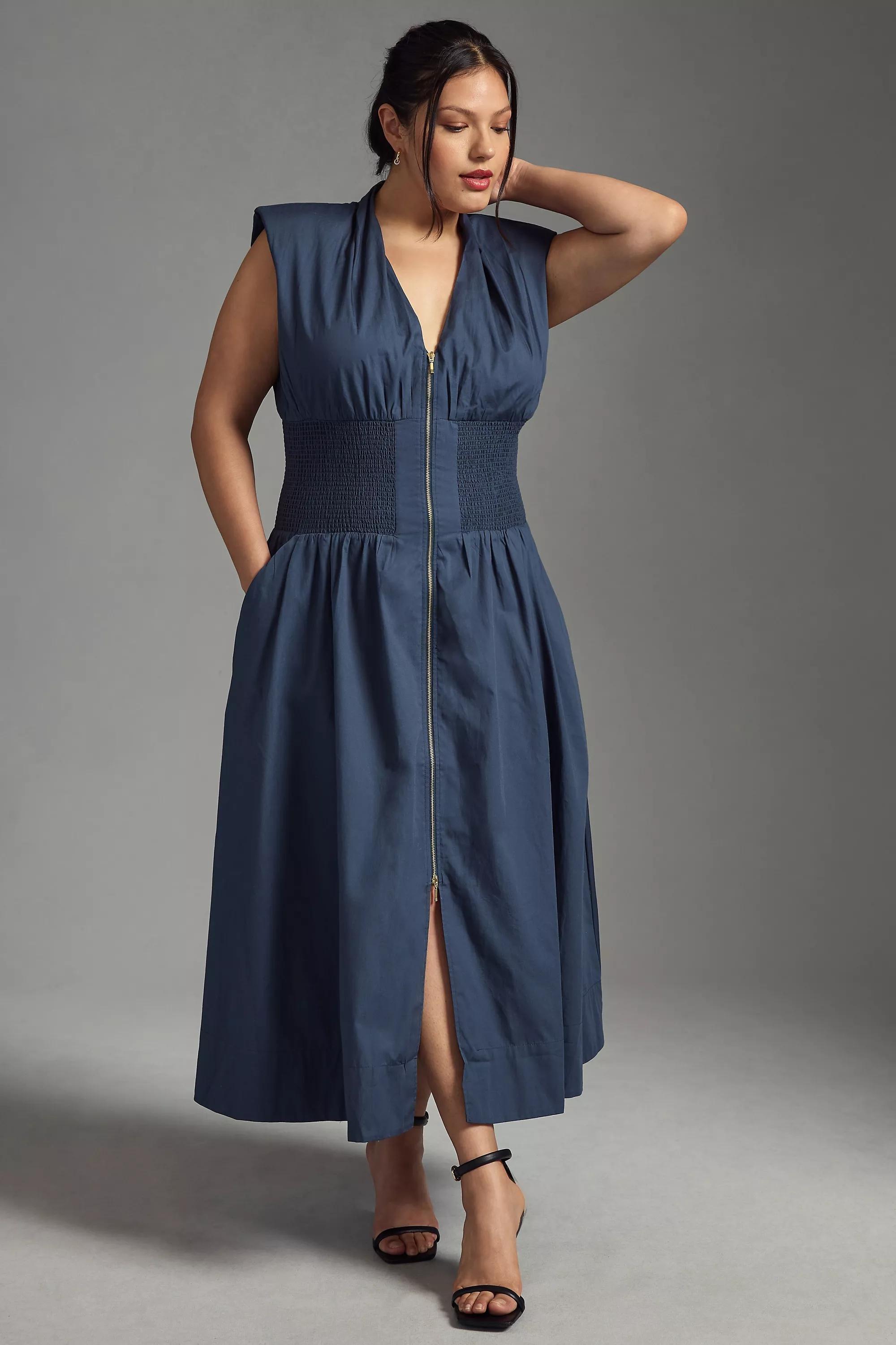 Maeve Smocked-Waist Zip-Up Shirt Dress, Navy, , large image number 6