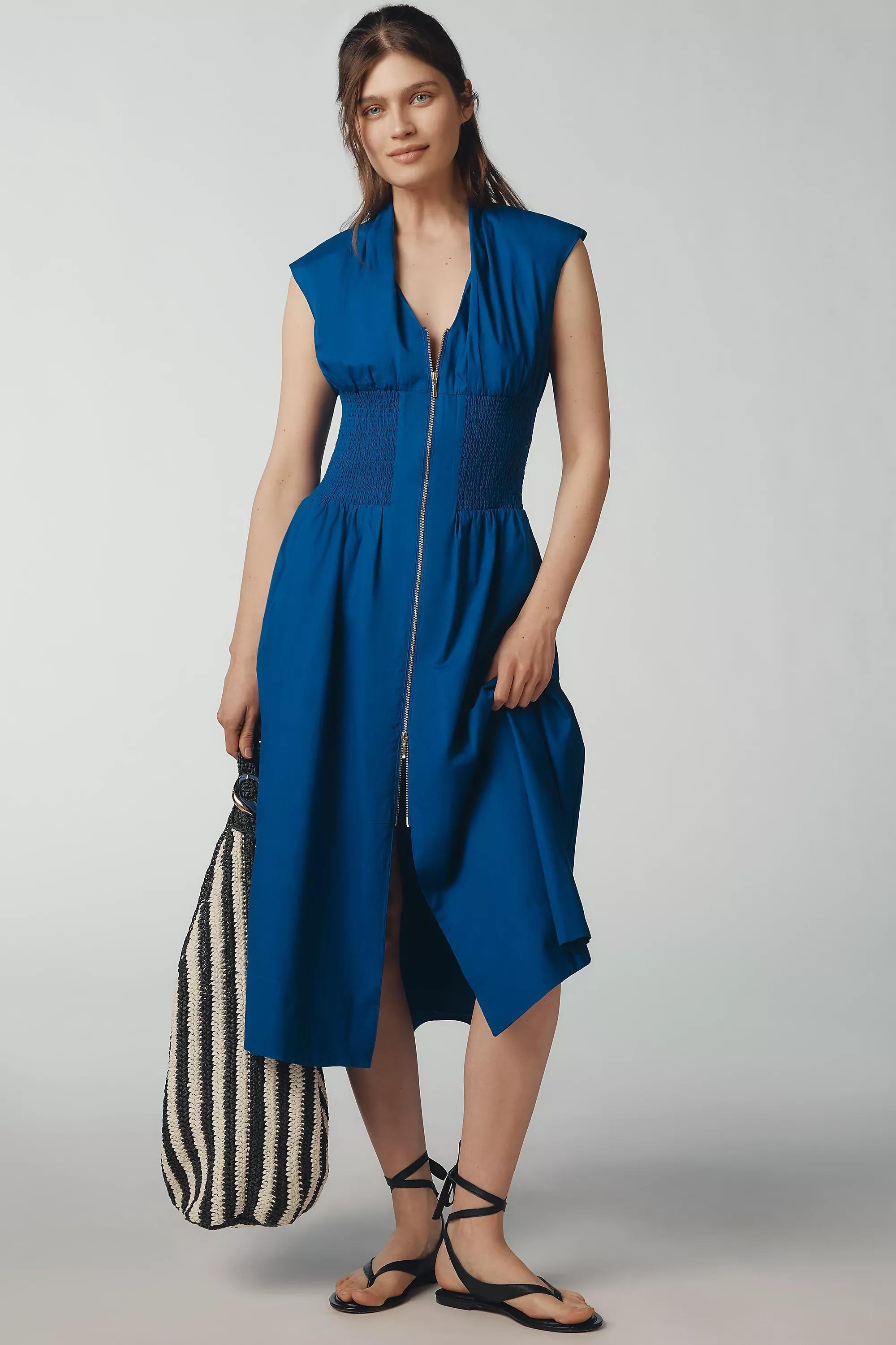 The Tommie Cap-Sleeve Smocked Midi Shirt Dress, Blue, , large image number 0