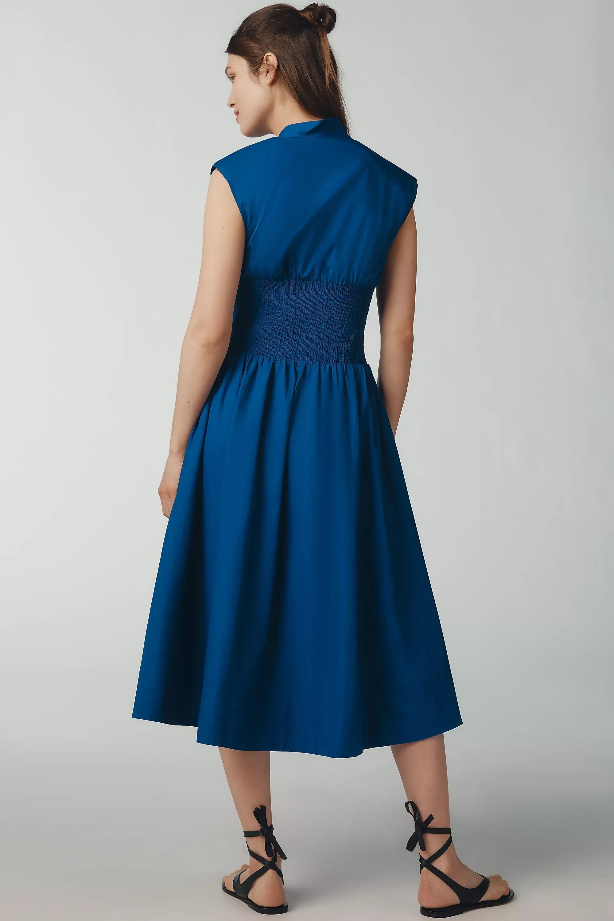 The Tommie Cap-Sleeve Smocked Midi Shirt Dress, Blue, , large image number 1
