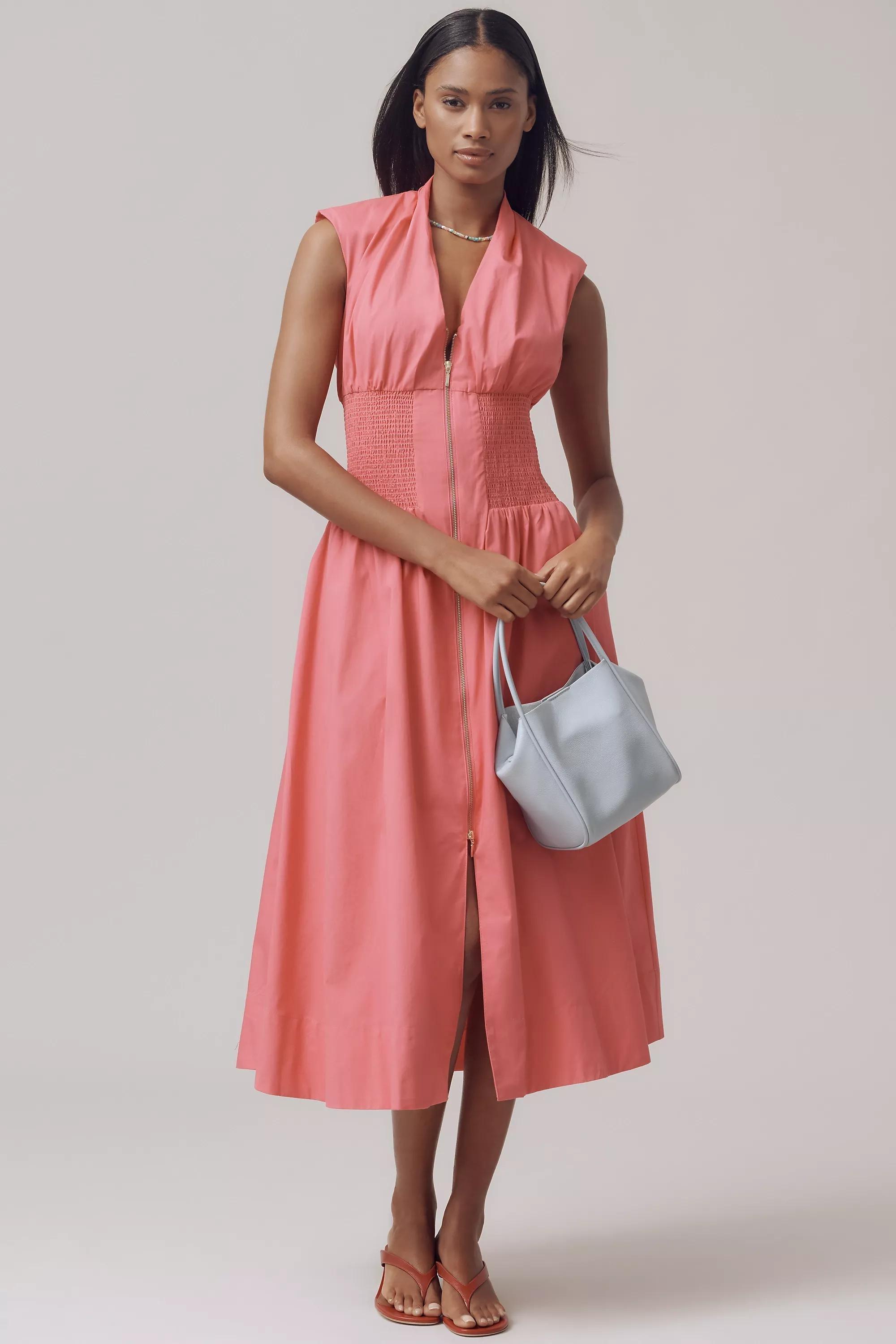 The Tommie Cap-Sleeve Smocked Midi Shirt Dress, Pink, , large image number 0