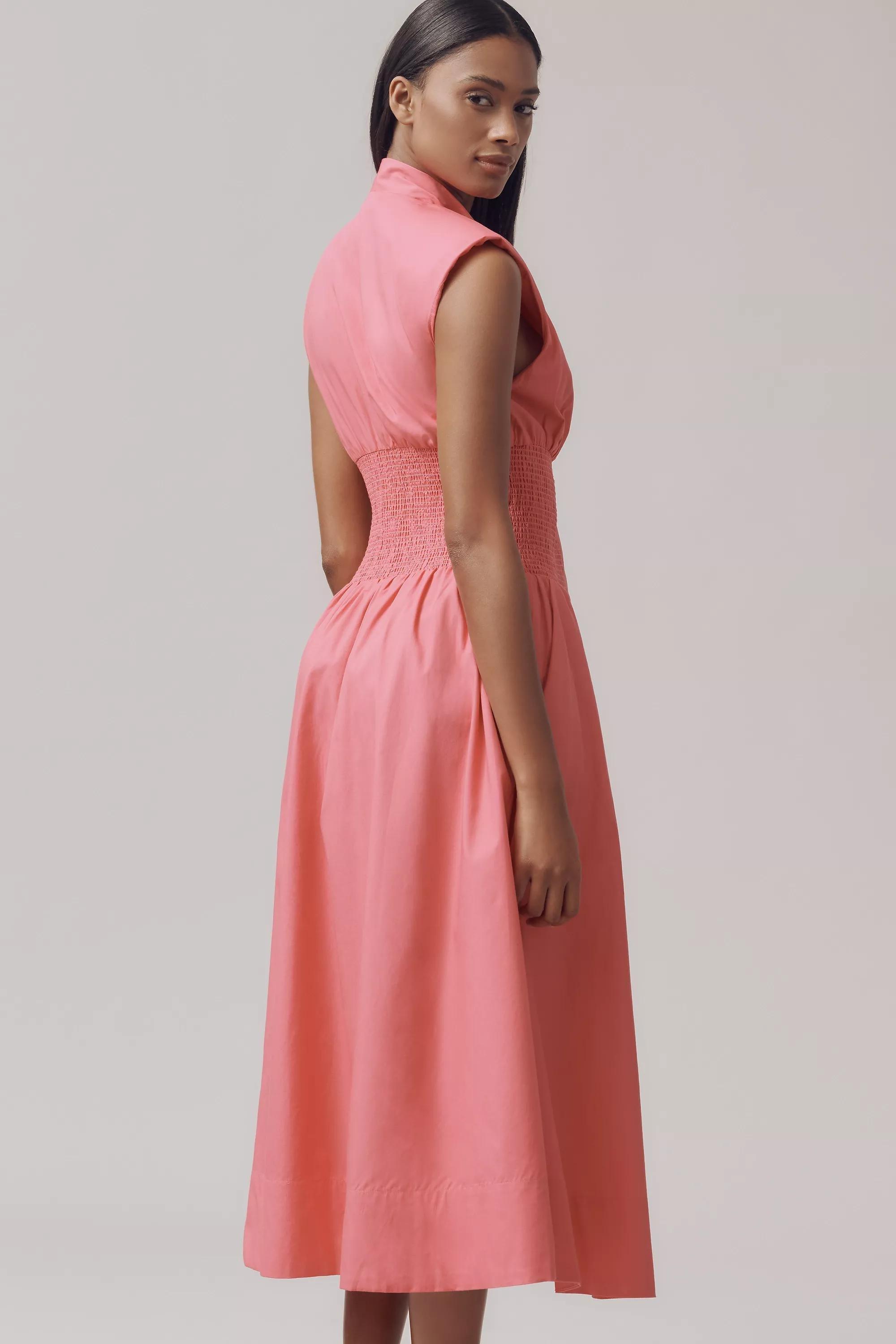 The Tommie Cap-Sleeve Smocked Midi Shirt Dress, Pink, , large image number 1