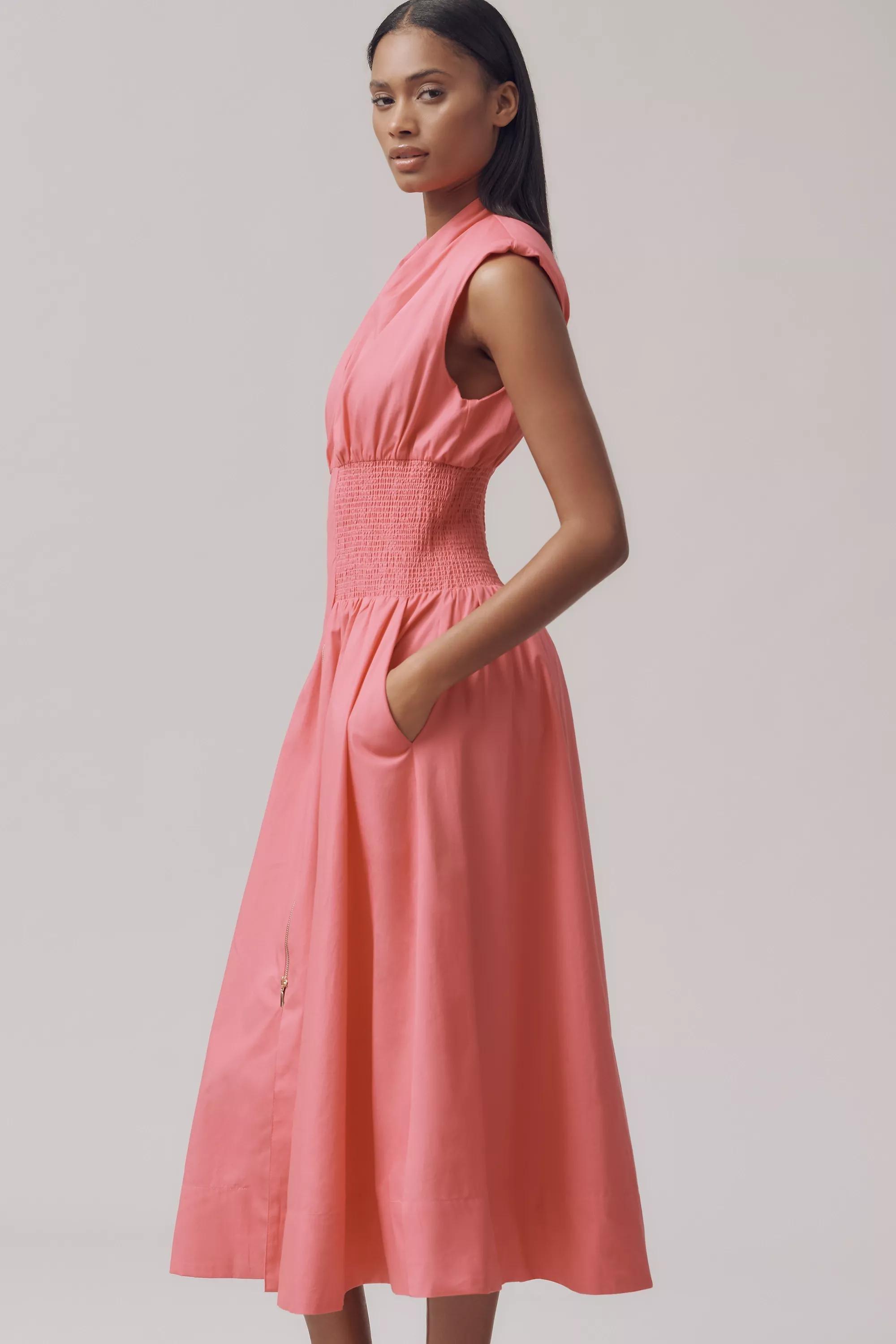 The Tommie Cap-Sleeve Smocked Midi Shirt Dress, Pink, , large image number 3