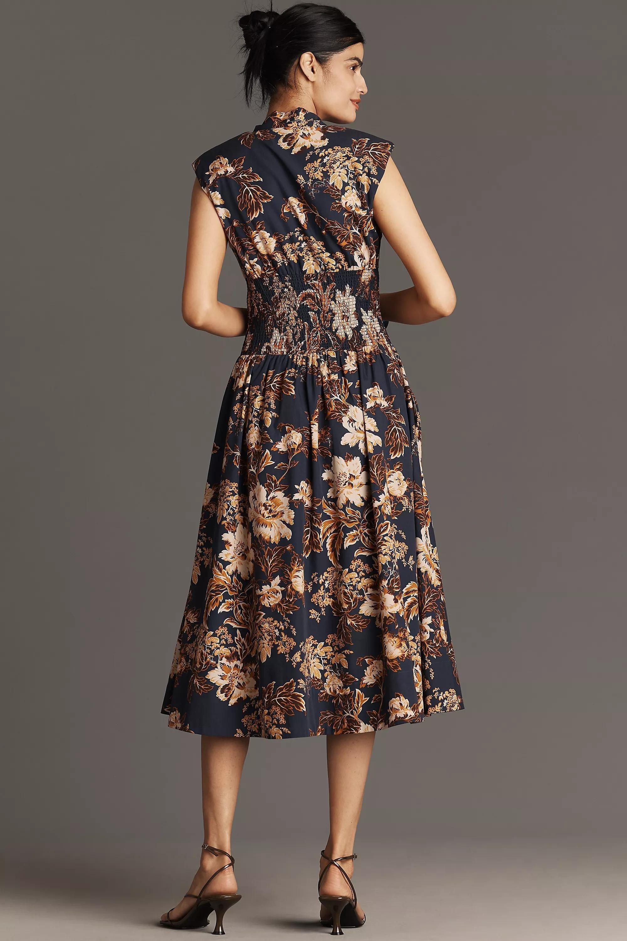 The Tommie Cap-Sleeve Smocked Midi Shirt Dress, Navy, , large image number 1
