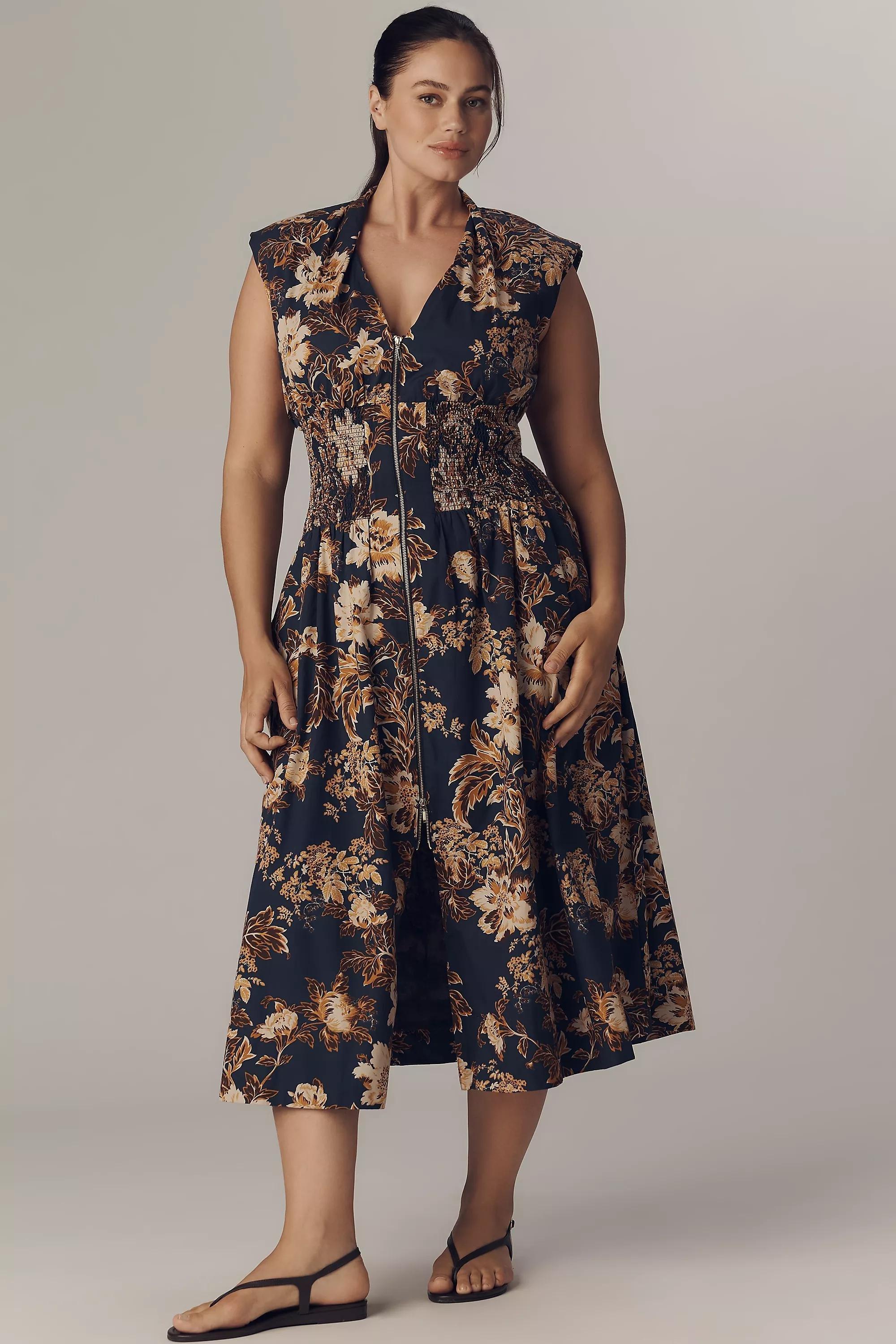 The Tommie Cap-Sleeve Smocked Midi Shirt Dress, Navy, A501_0439, large image number 3