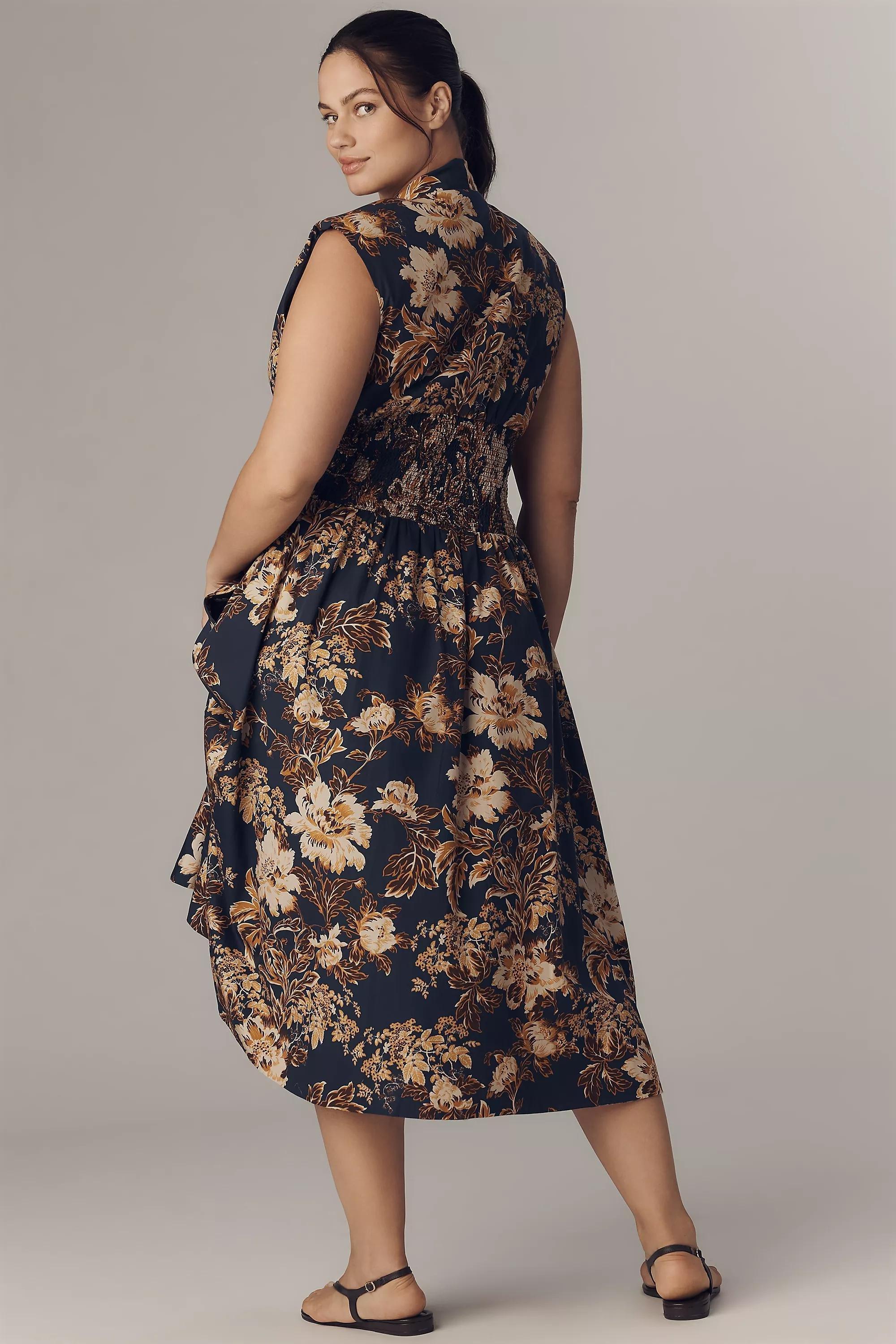 The Tommie Cap-Sleeve Smocked Midi Shirt Dress, Navy, A501_0439, large image number 4