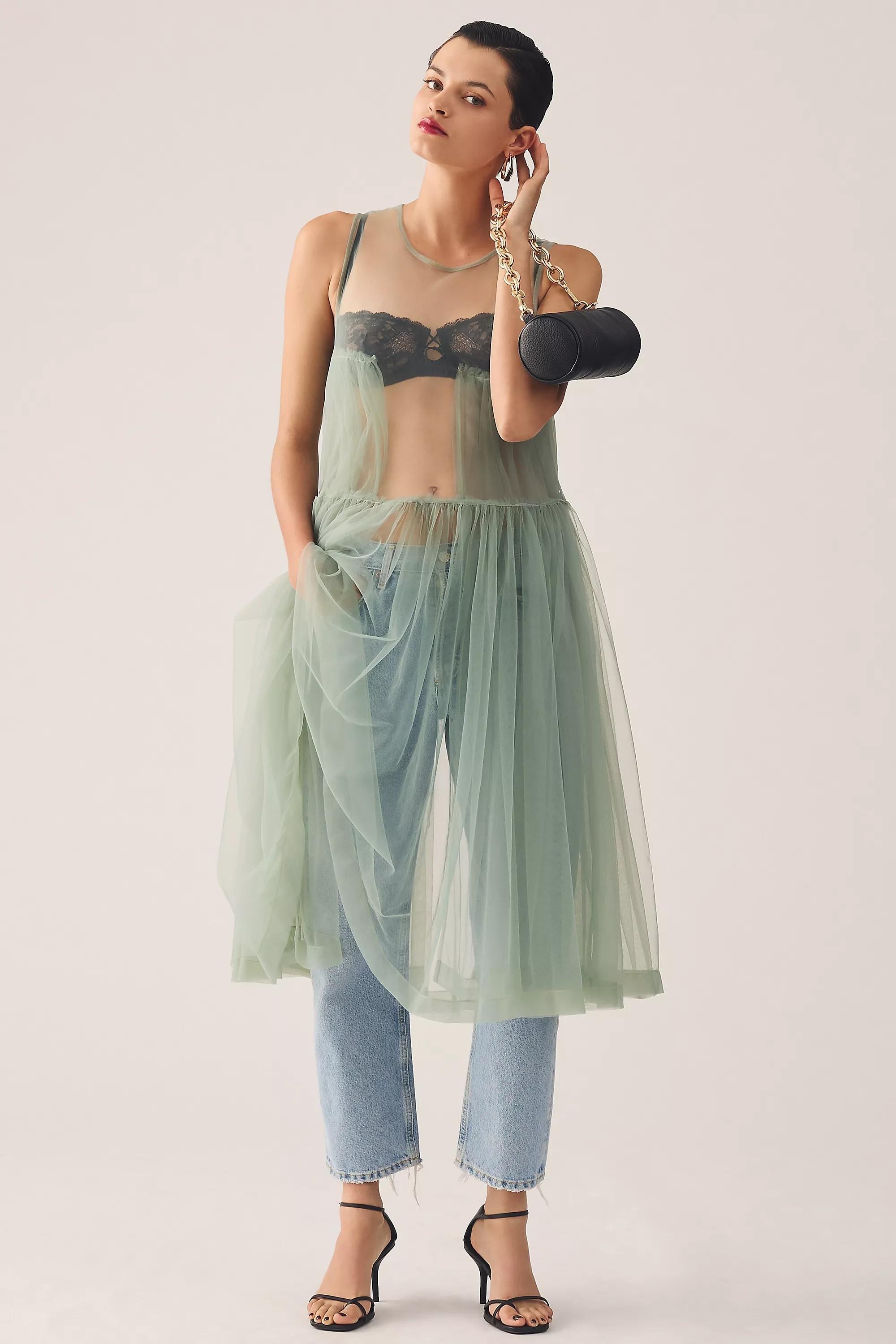 Maeve Sleeveless Sheer Tulle Overlay Duster, Green, A501_0030, large image number 0