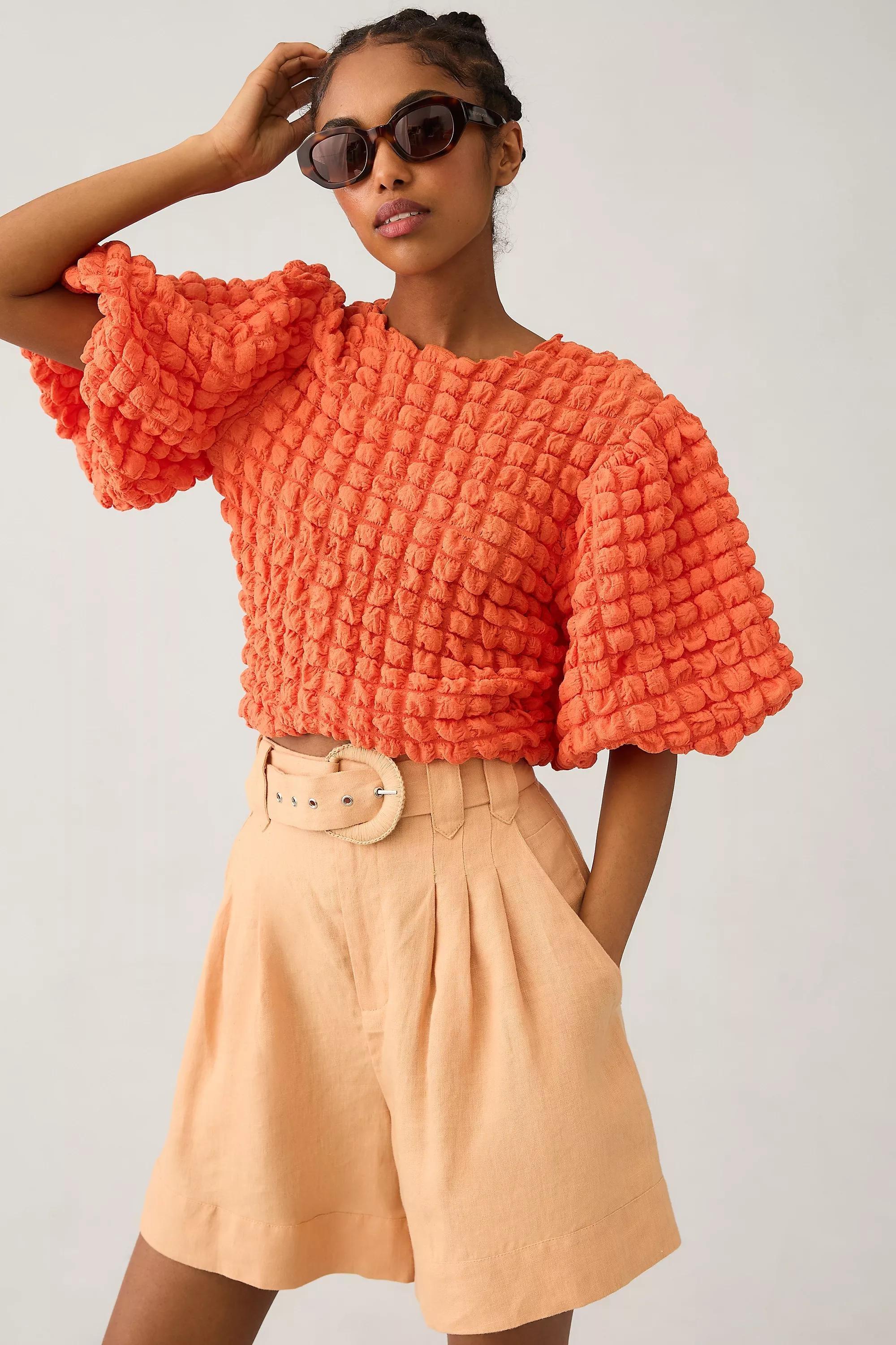 M Eri & Ali Textured Puff-Sleeve Top, Orange, , large image number 0