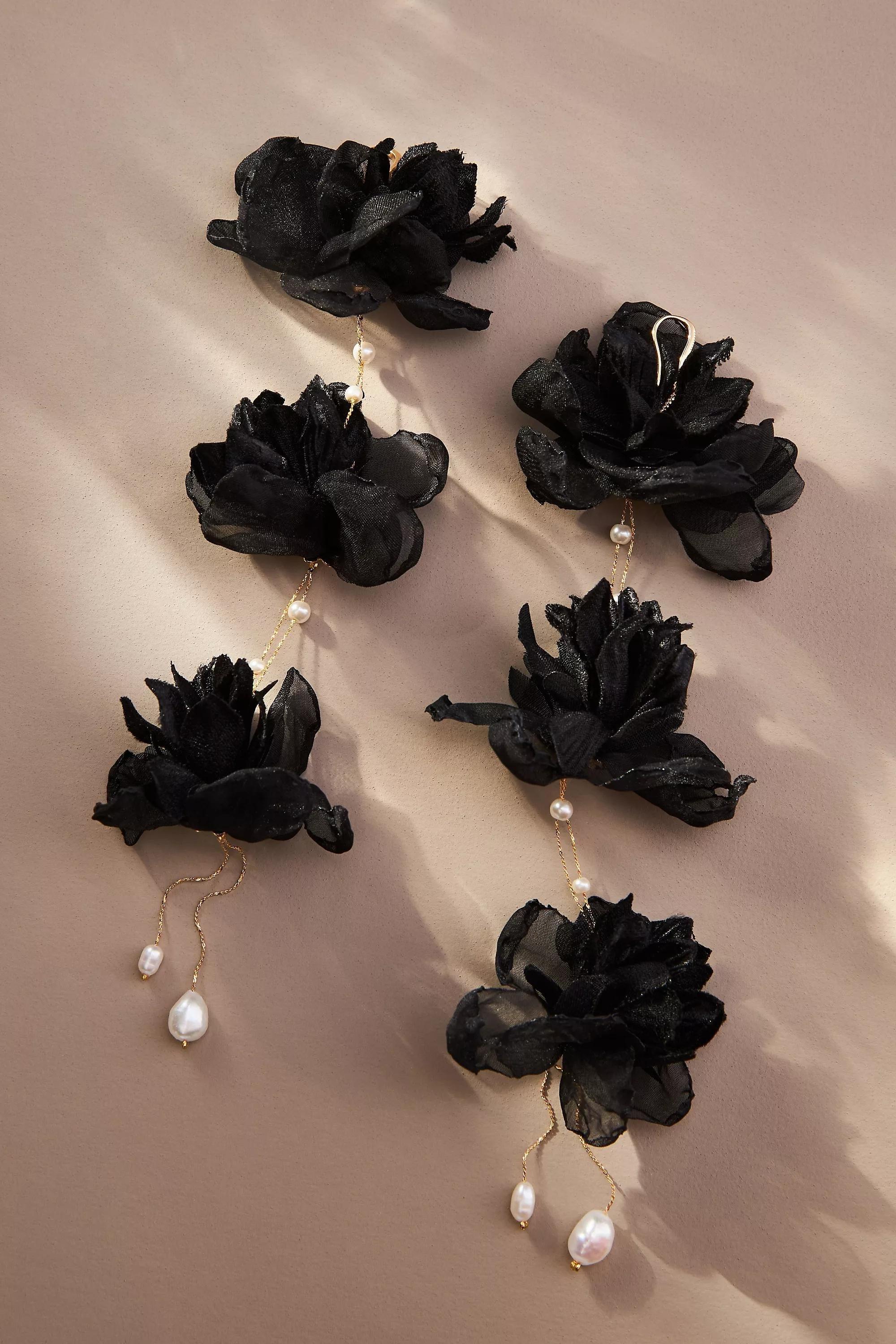 Triple Flower Earrings, Black, , large image number 0