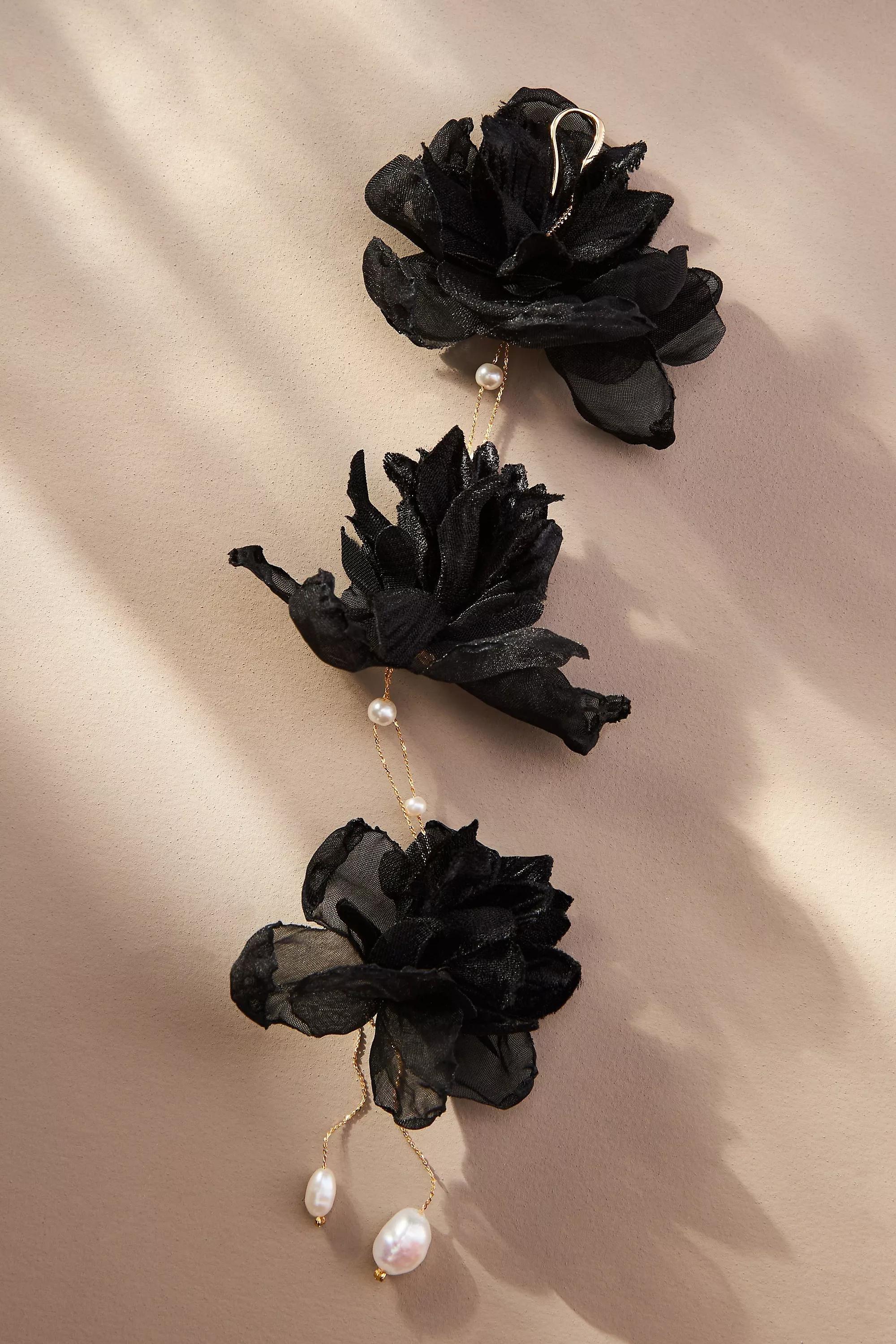 Triple Flower Earrings, Black, , large image number 2