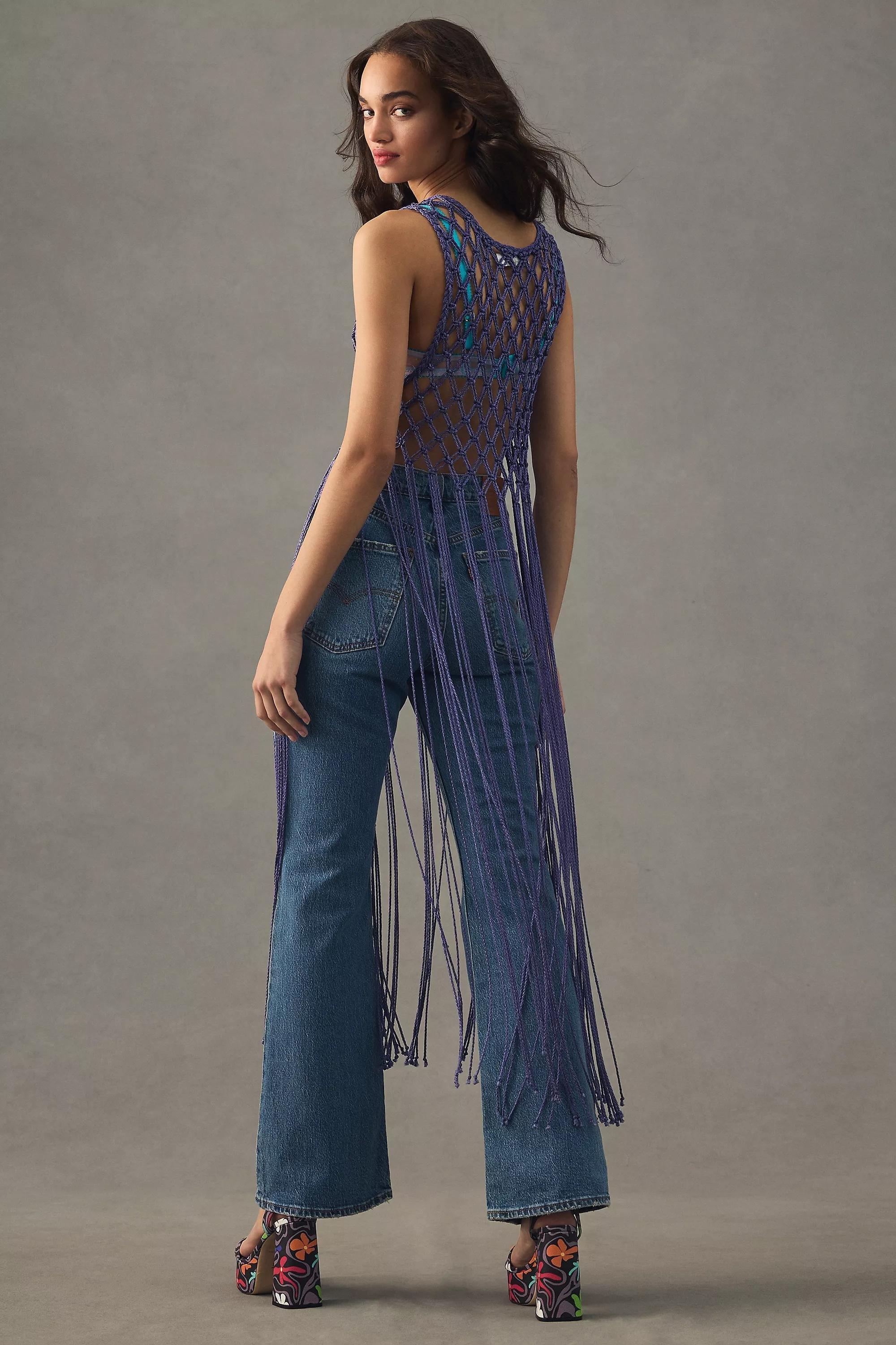 Crochet Fringe Vest, Blue, , large image number 1