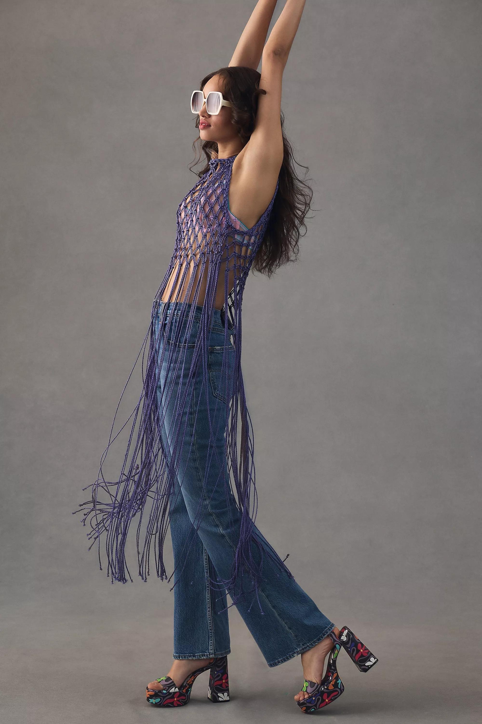 Crochet Fringe Vest, Blue, , large image number 3