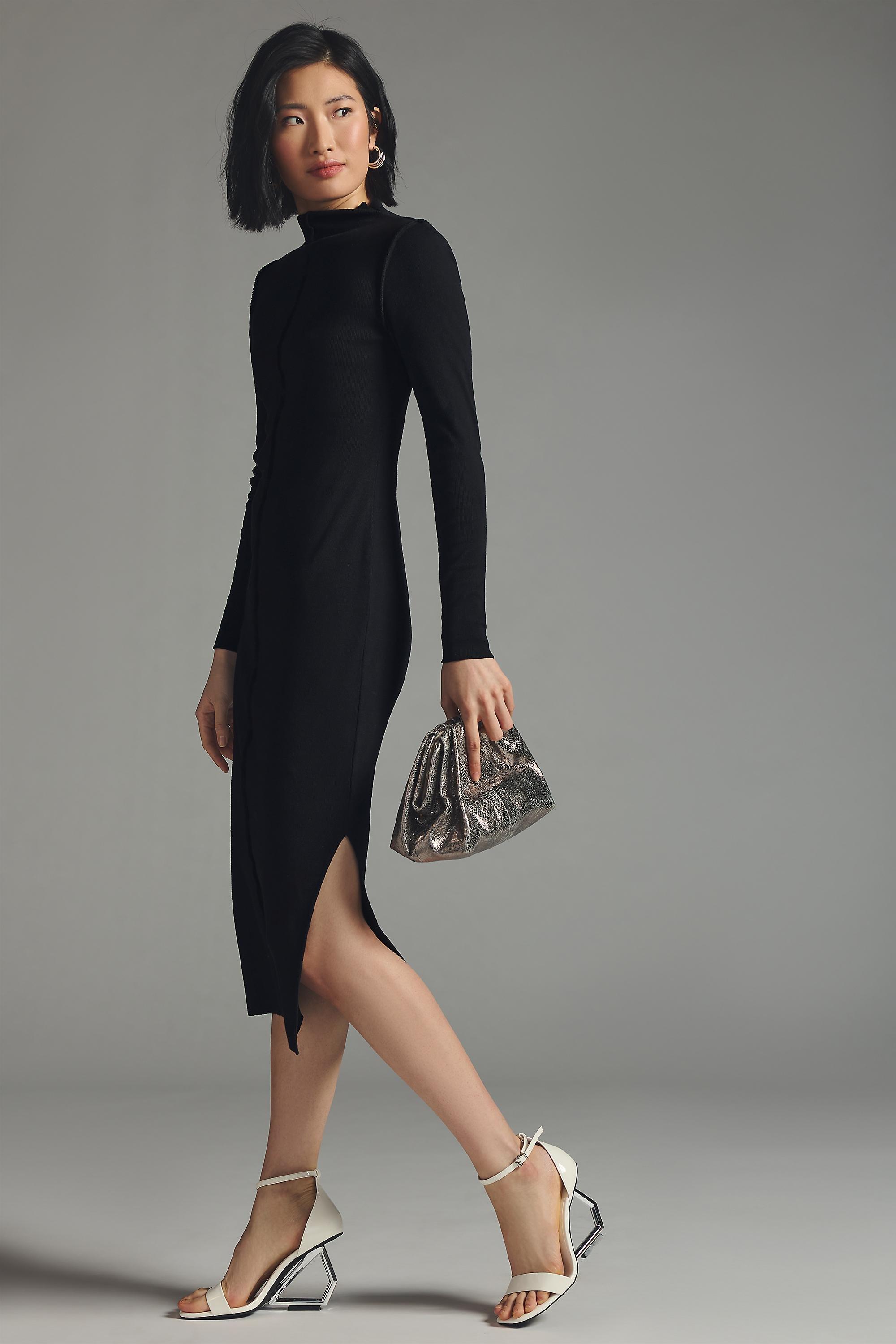 T. La Long-Sleeve Midi Dress, Black, , medium