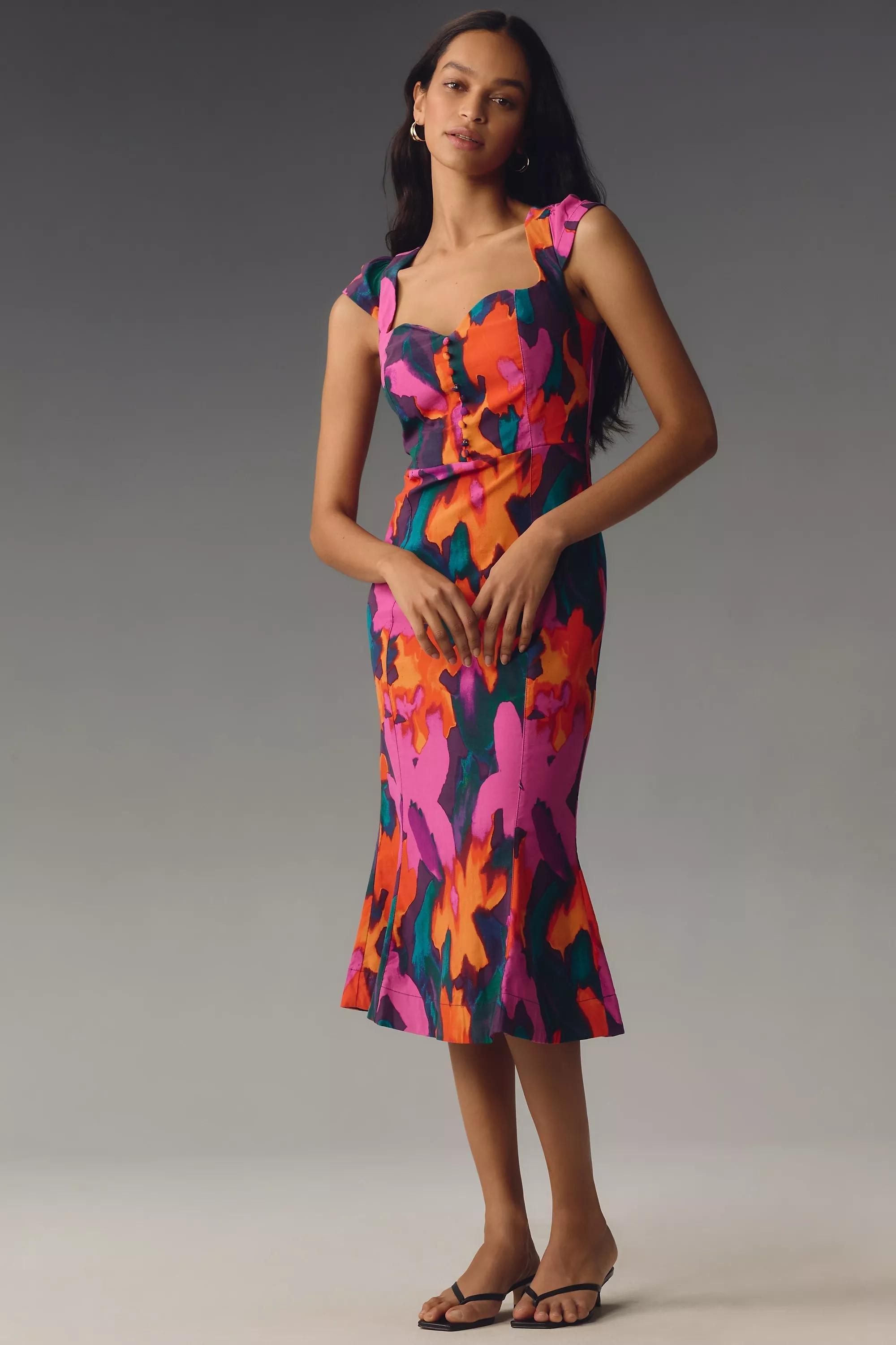 Maeve Flare Sweetheart Midi Dress, Multicolour, , large image number 0