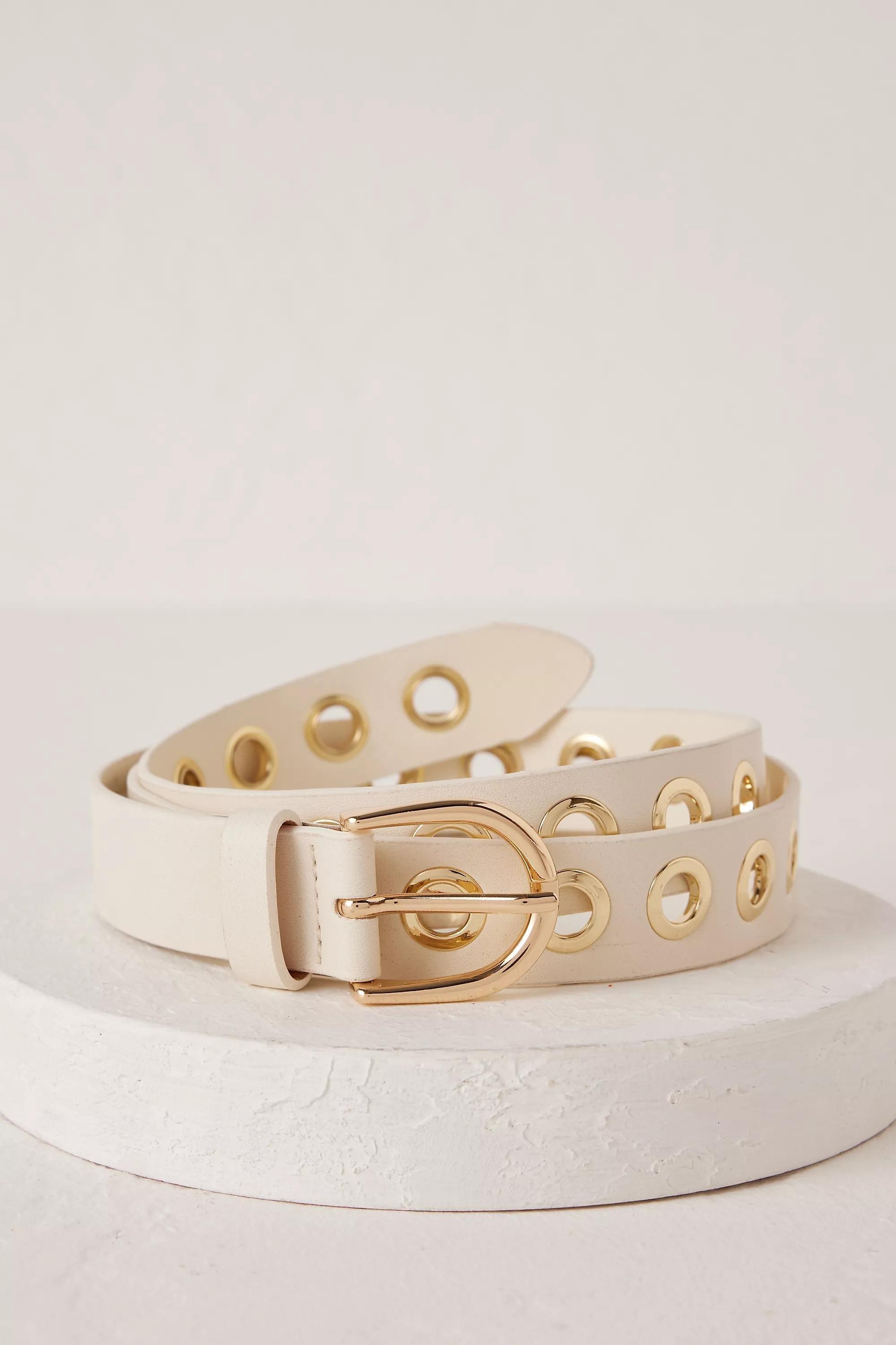 Leather Ring Hardware Belt, Cream, , medium